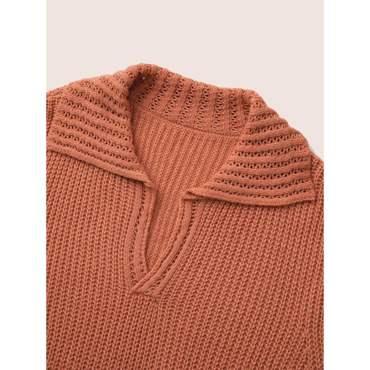 Plus Size Solid Pocket Pointelle Knit Split Hem Pullover Coral Women Casual Long Sleeve Polo Everyday Pullovers BloomChic 26/4X Product Image