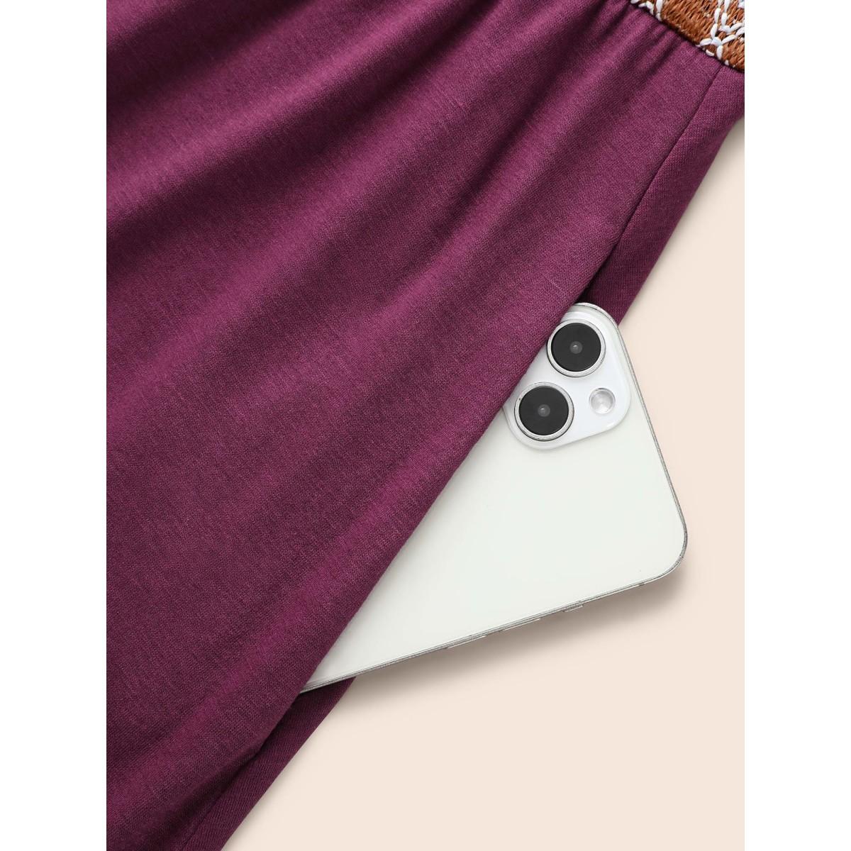 Plus Size V Neck Contrast Webbing Midi Dress RedViolet Women Resort Woven ribbon&lace trim V-neck Long Sleeve Curvy BloomChic 28/5X Product Image