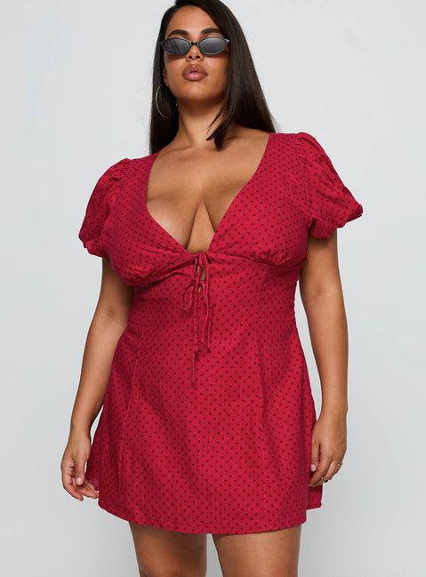 Beloved Puff Sleeve Linen Blend Mini Dress Red Polka Curve Product Image