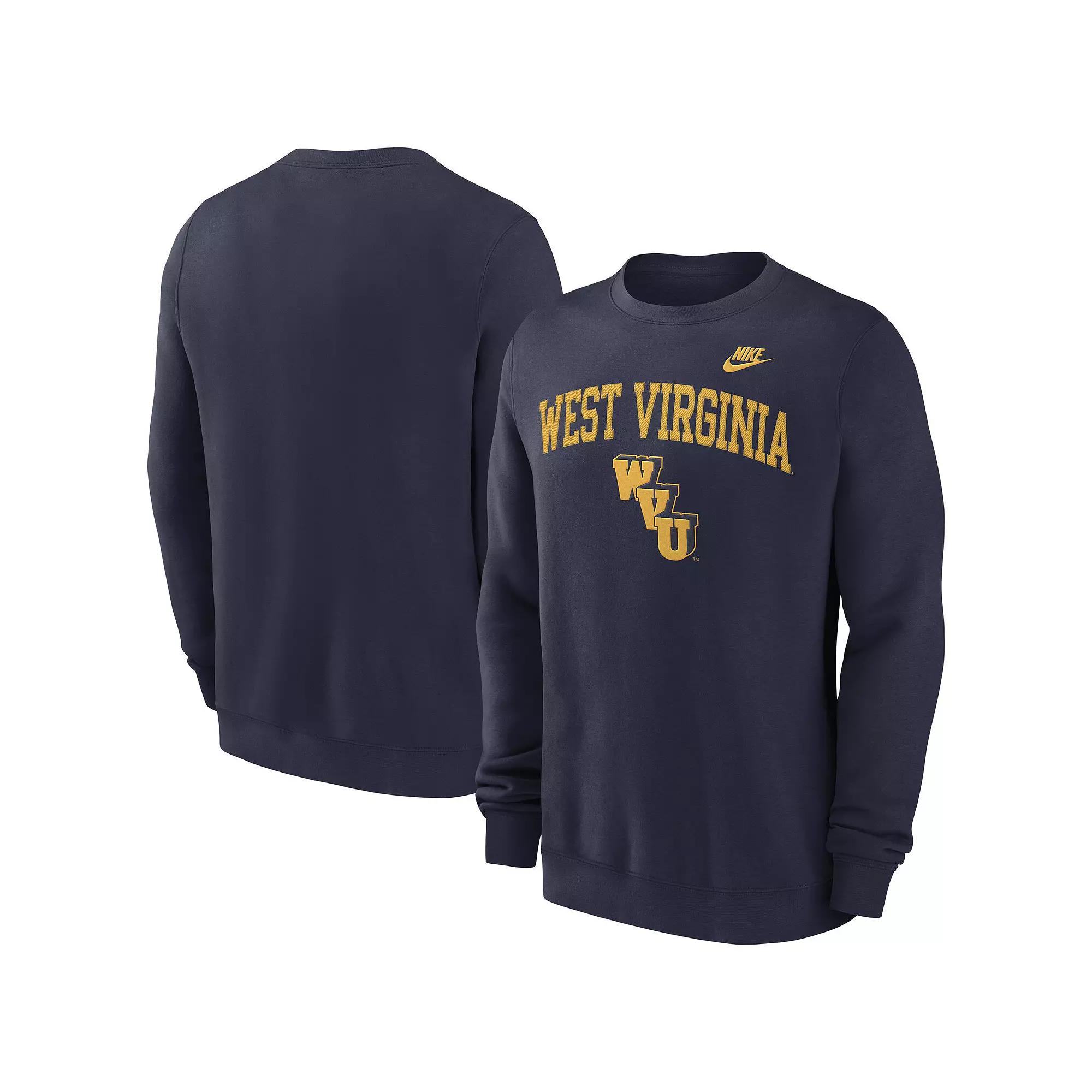 Men's Nike Navy West Virginia Mountaineers Legacy Classic Tackle Twill Embroidered Arch Over Logo Pullover Sweatshirt,  Product Image