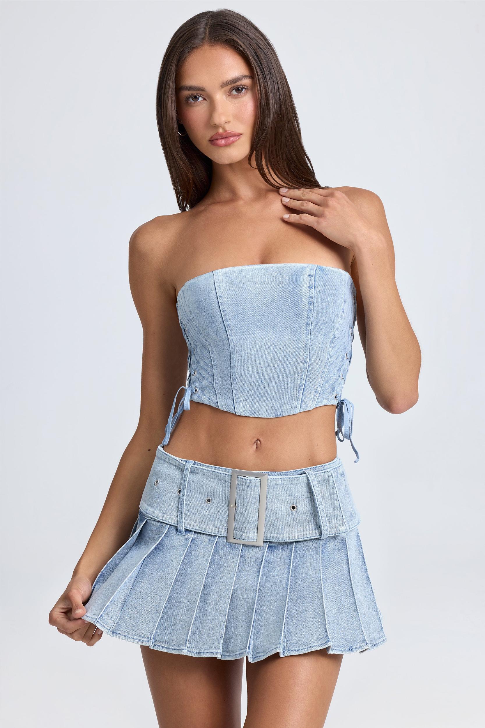 Belted Pleated Low-Rise Micro Mini Skirt in Light Blue Stonewash Product Image