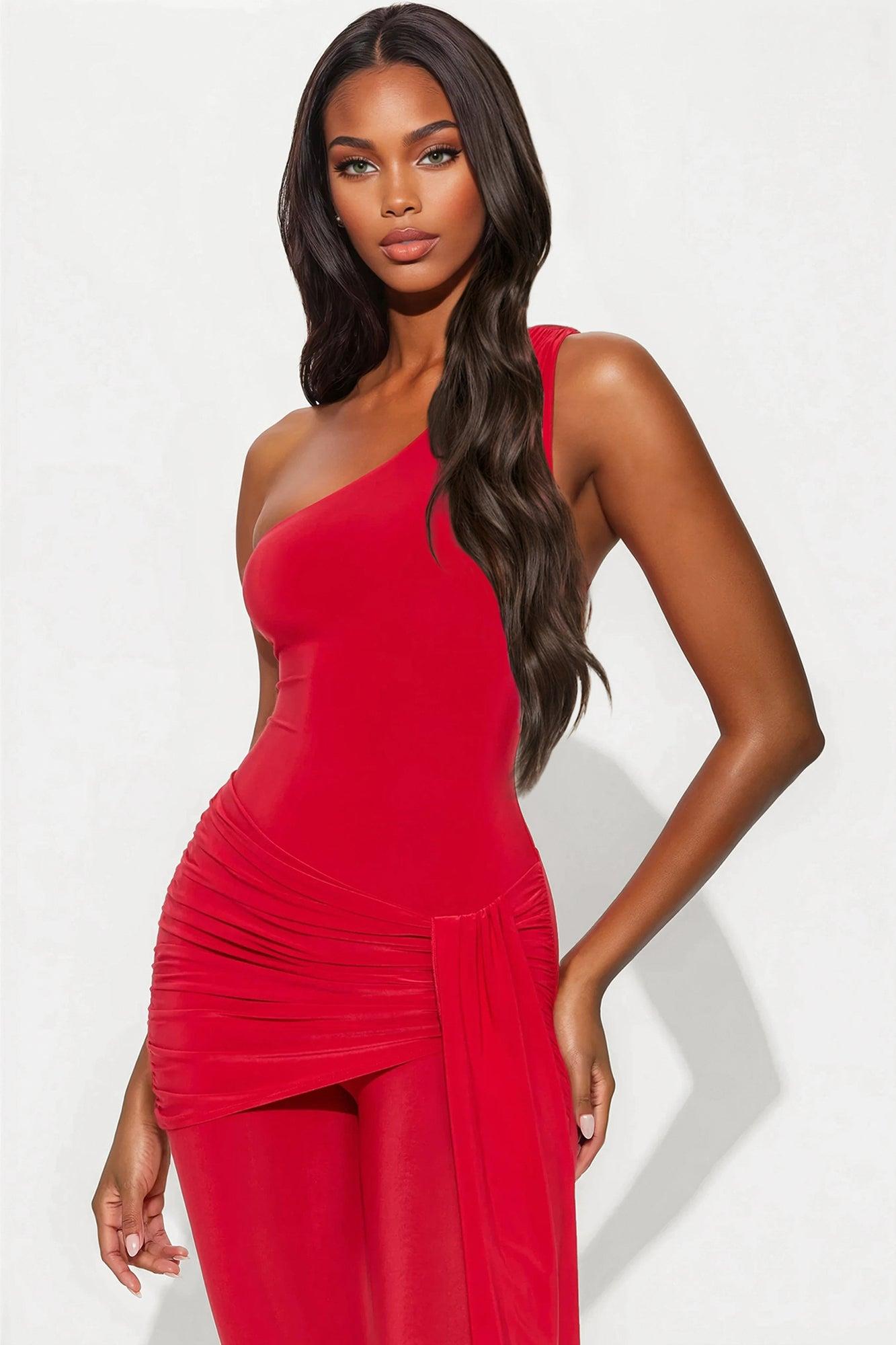 Symphony One Shoulder Jumpsuit - Red Product Image