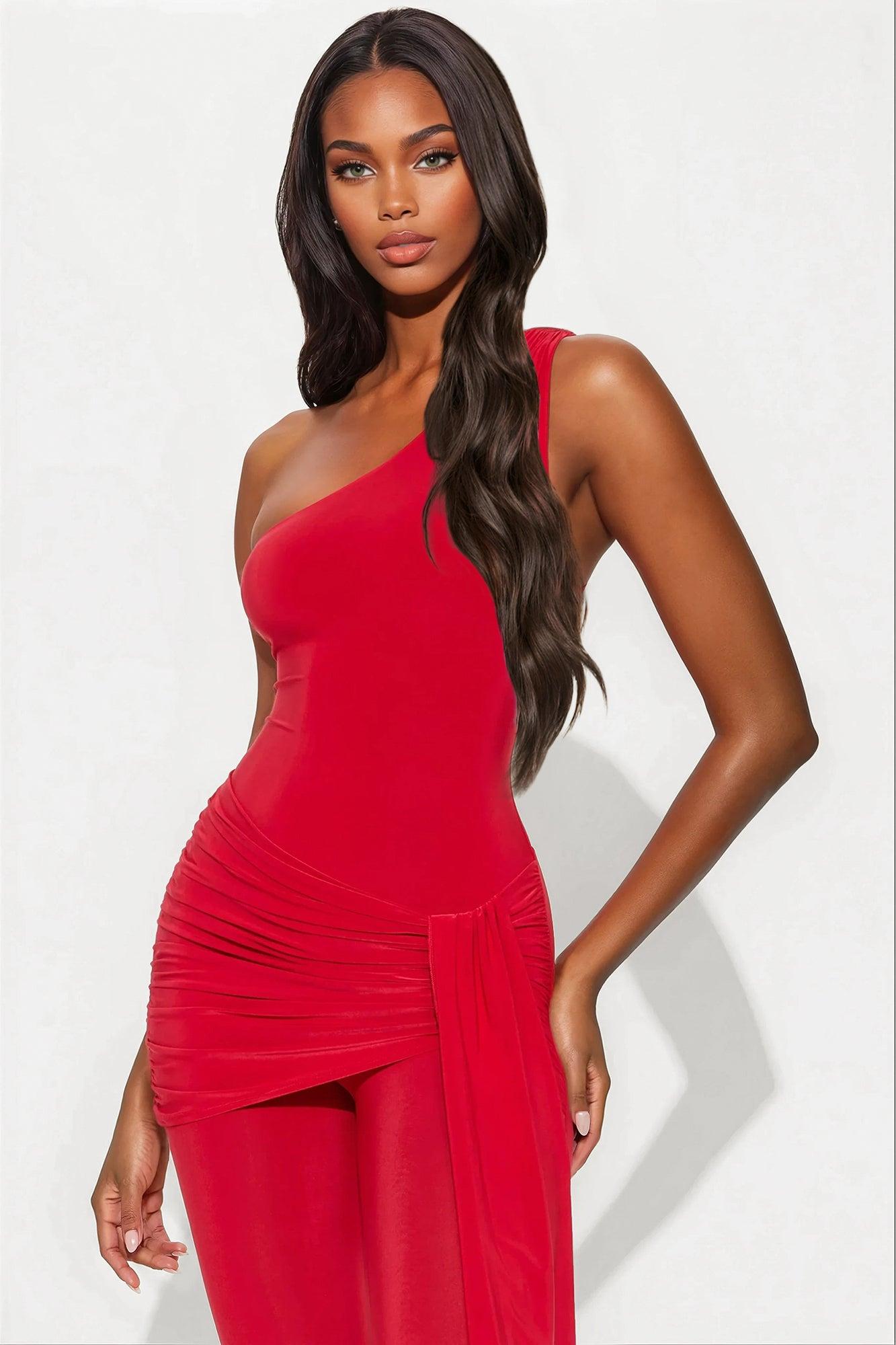 Symphony One Shoulder Jumpsuit - Red Product Image