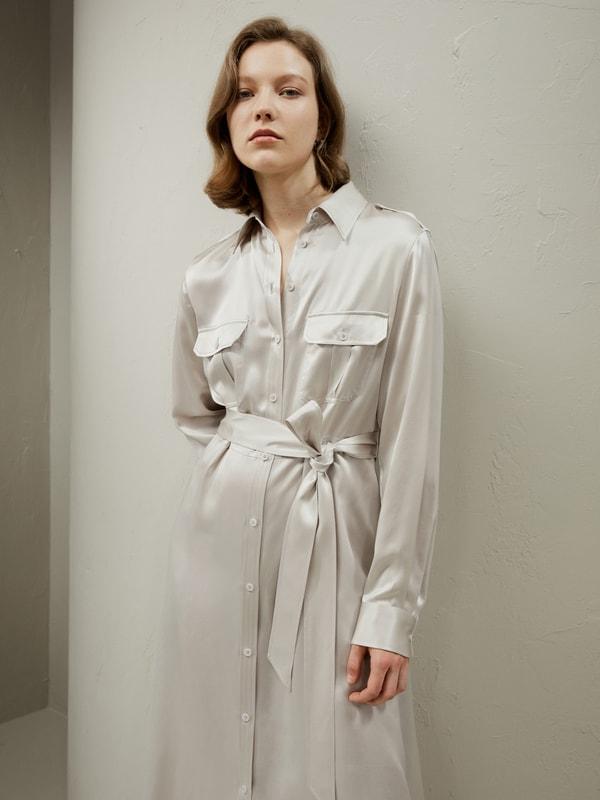 Trench-Style Silk Midi Shirt Dress Product Image