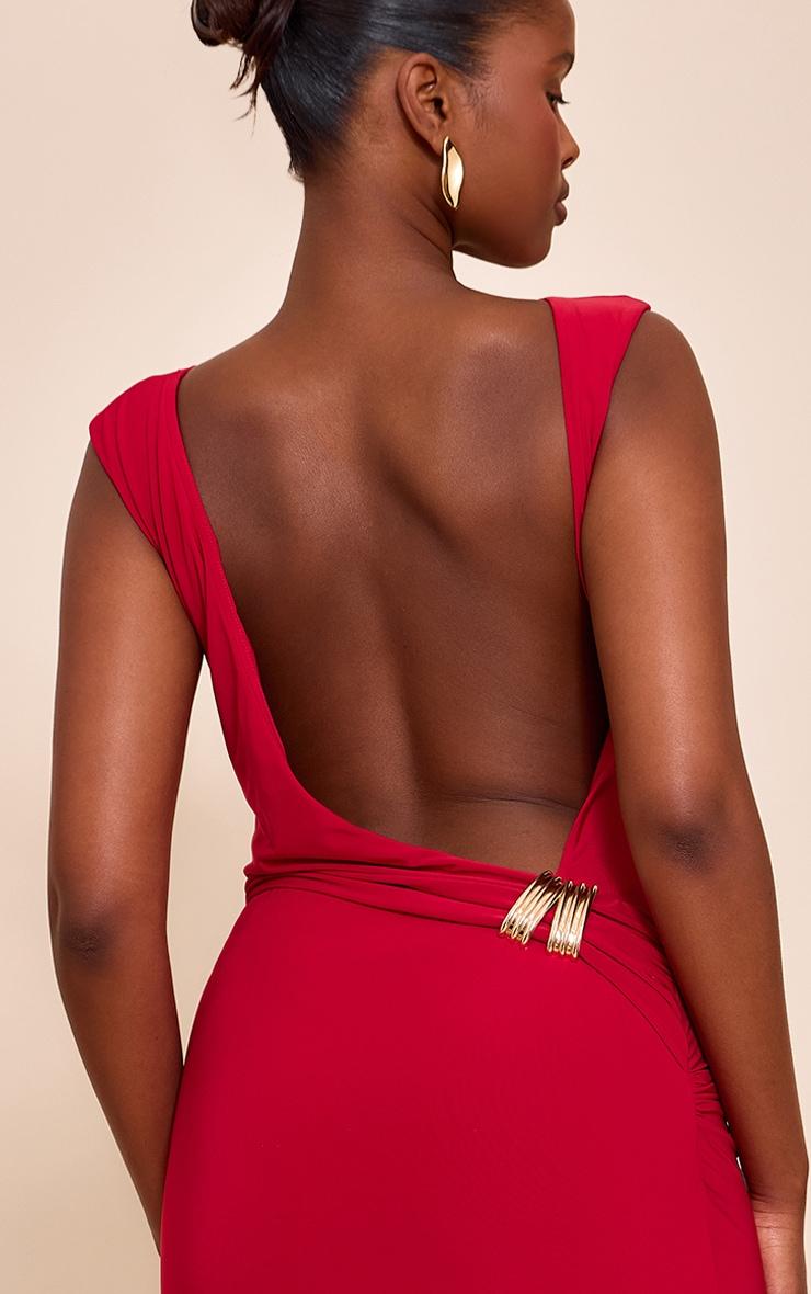Red Double Layer Slinky Low Back Trim Detail Maxi Dress Product Image
