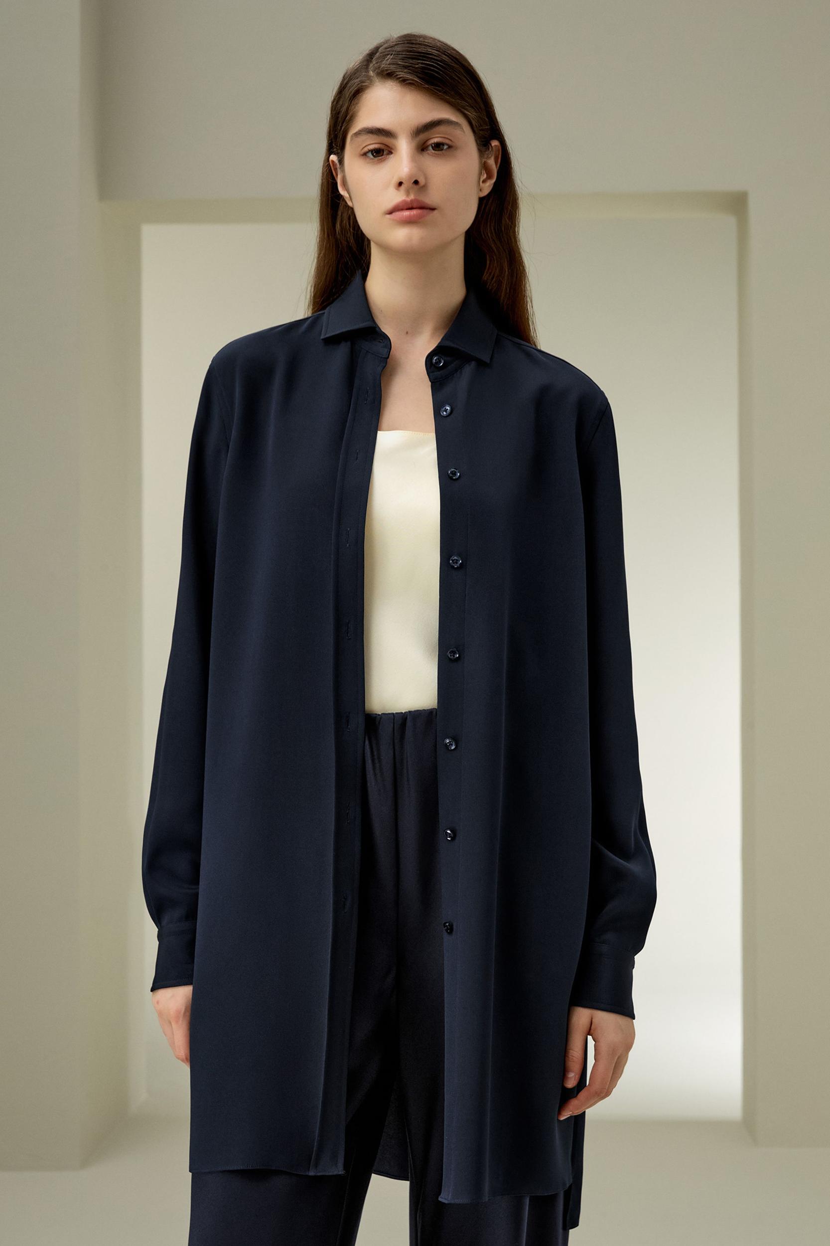 LILYSILK Shirt for Women Silk - Midnight Blue Mulberry Silk - Organic Long Sleeve Tops XS Product Image