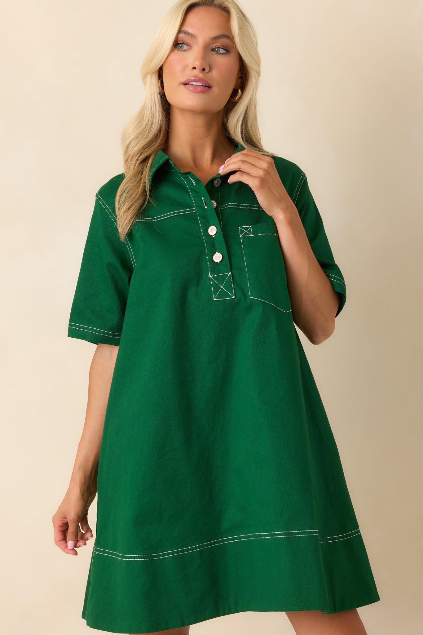 Going The Distance Kelly Green Cotton Mini Shirt Dress Product Image