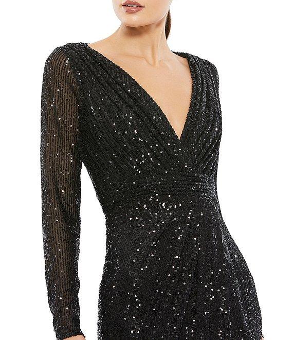 Ieena for Mac Duggal Long Sleeve Deep Surplice V-Neck Sequin Thigh High Slit Gown Product Image