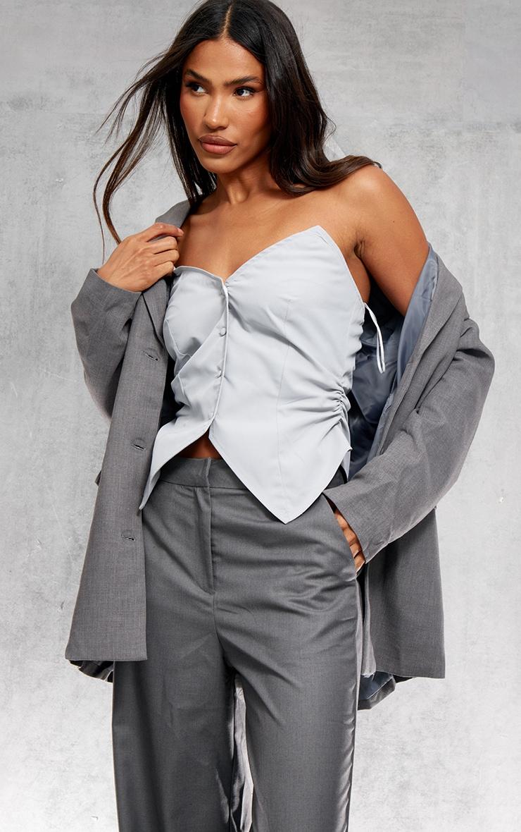 Grey Textured Look Shoulder Padded Oversized Blazer Product Image