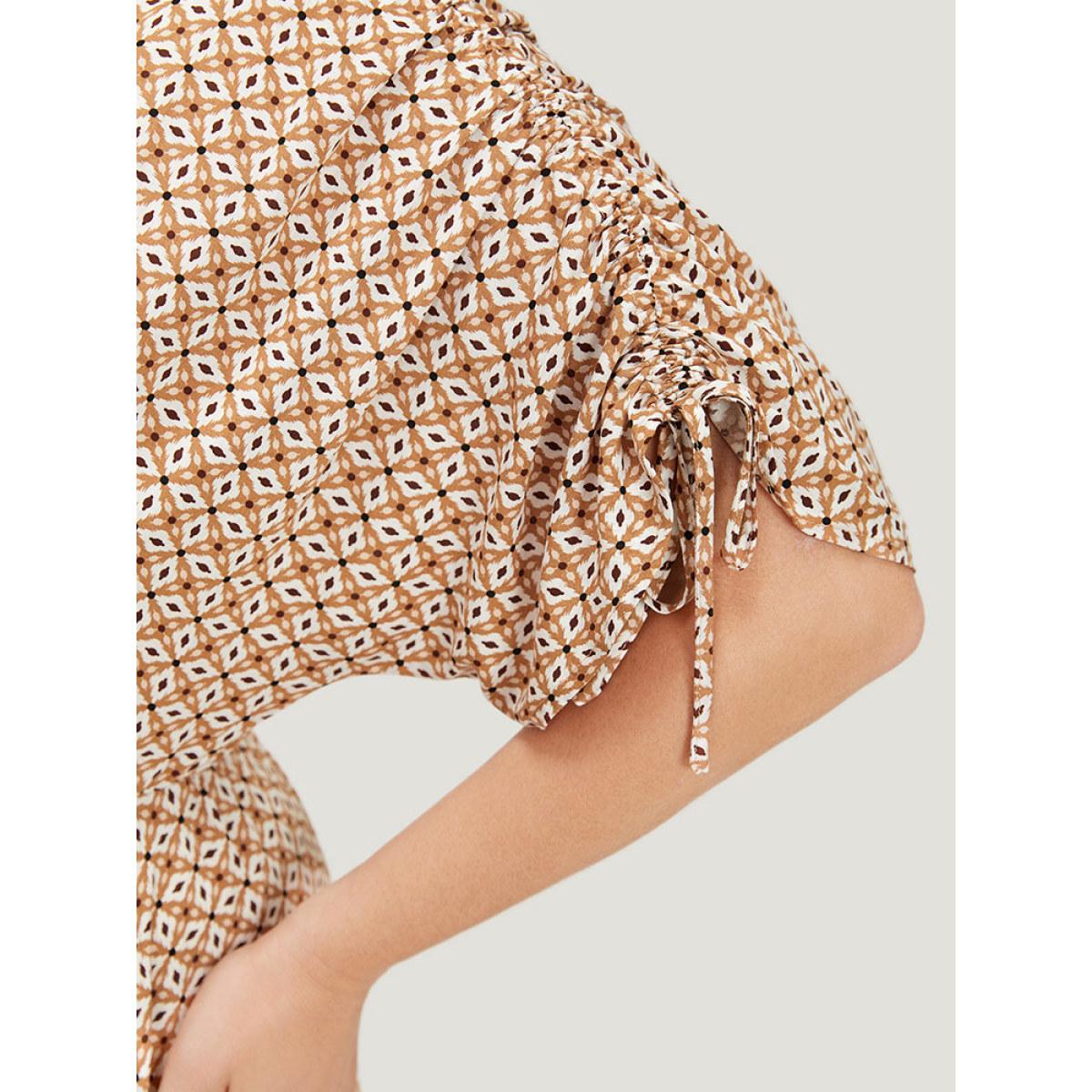 Plus Size Bandana Print Ruffles Pocket Wrap Drawstring Sleeve Dress LightBrown Women Vacation Wrap V-neck Short sleeve Curvy Midi Dress BloomChic 22-24/3X Product Image