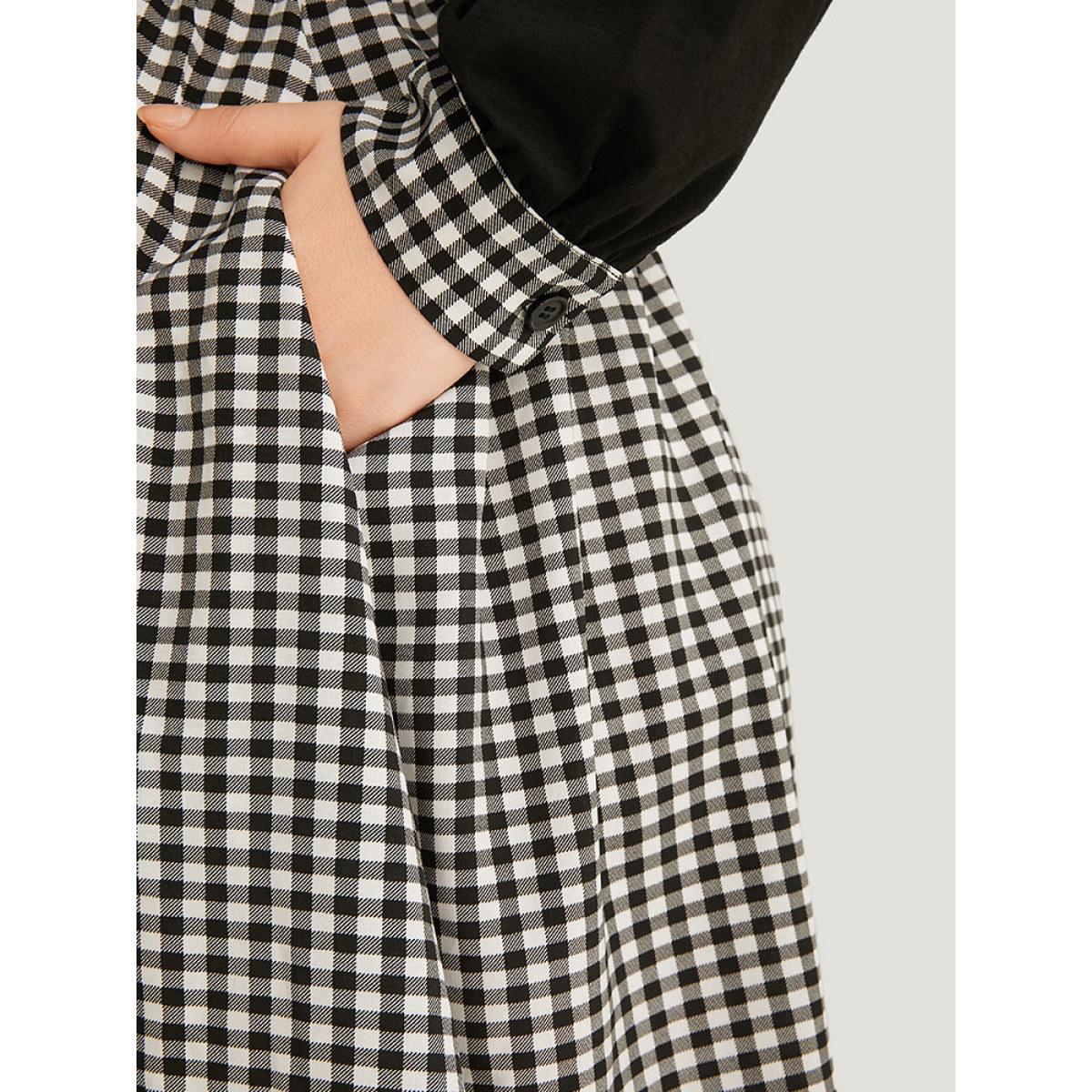 Plus Size Gingham Patchwork Pocket Shirt Collar Dress Black Women Office Patchwork Shirt collar Long Sleeve Curvy Midi Dress BloomChic 14-16/1X Product Image