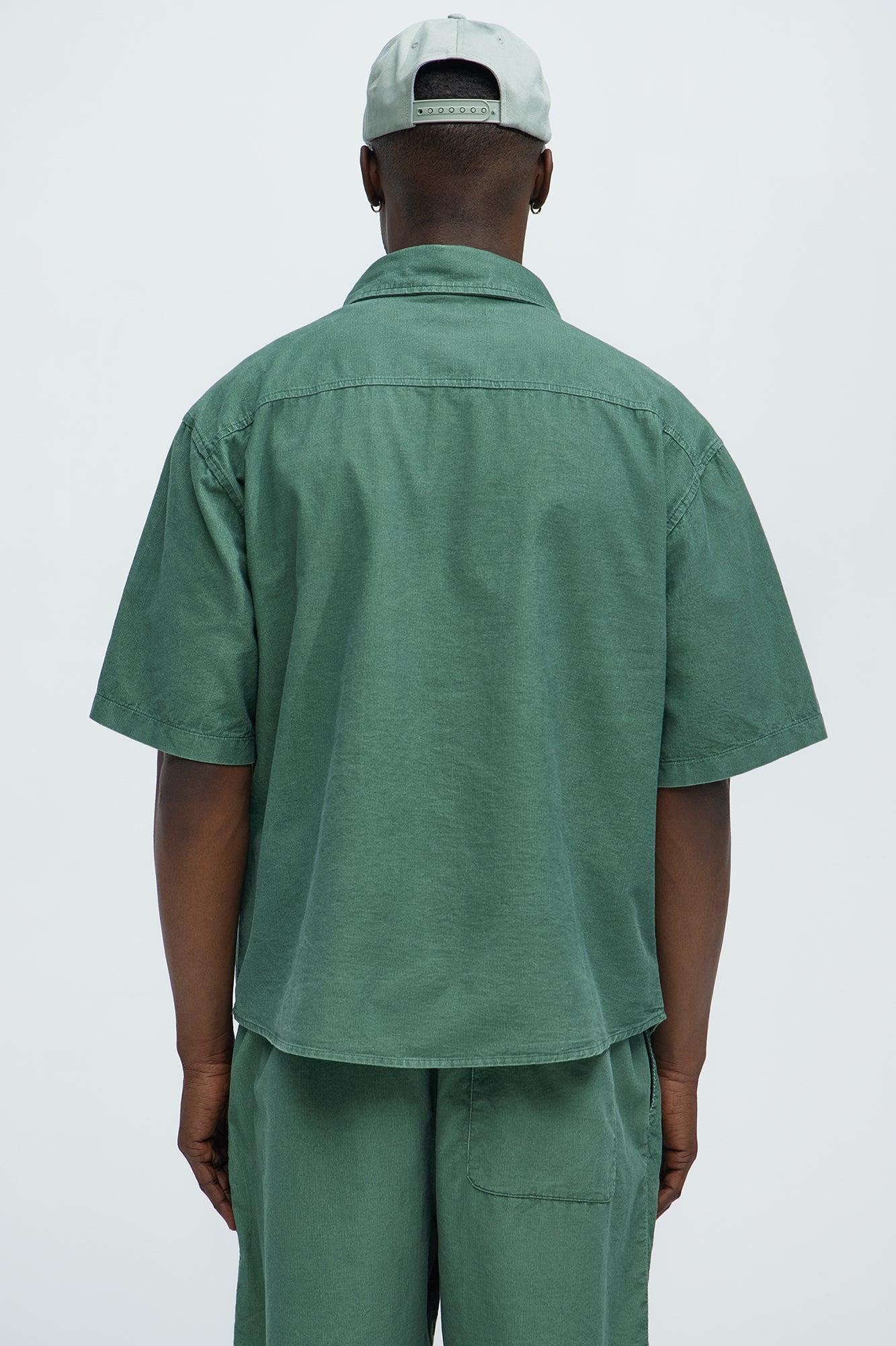 Retro Embroidered Corduroy Short Sleeve Shirt - Green Product Image