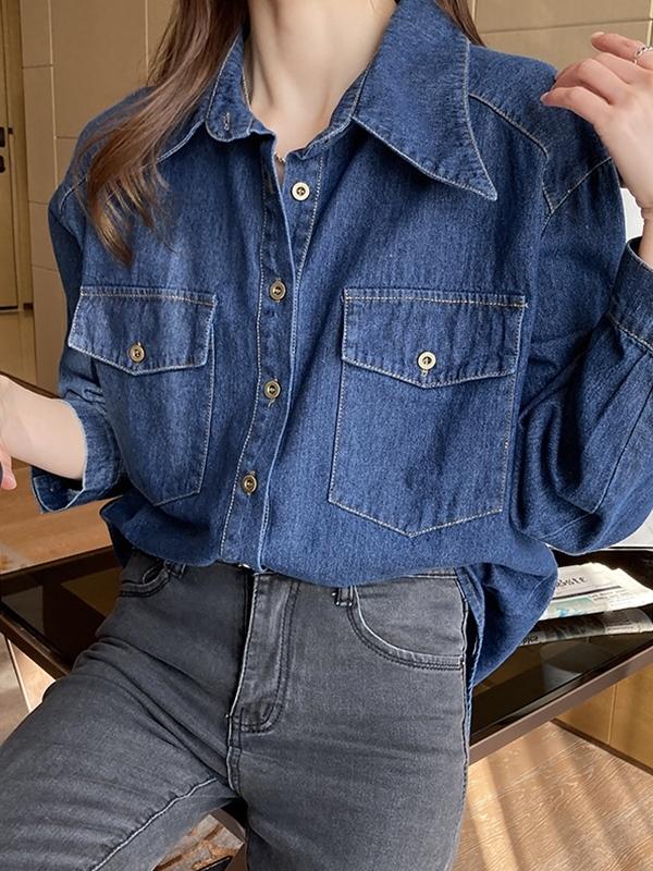 Wash Dual Pocket Denim Blouses&Shirts Product Image