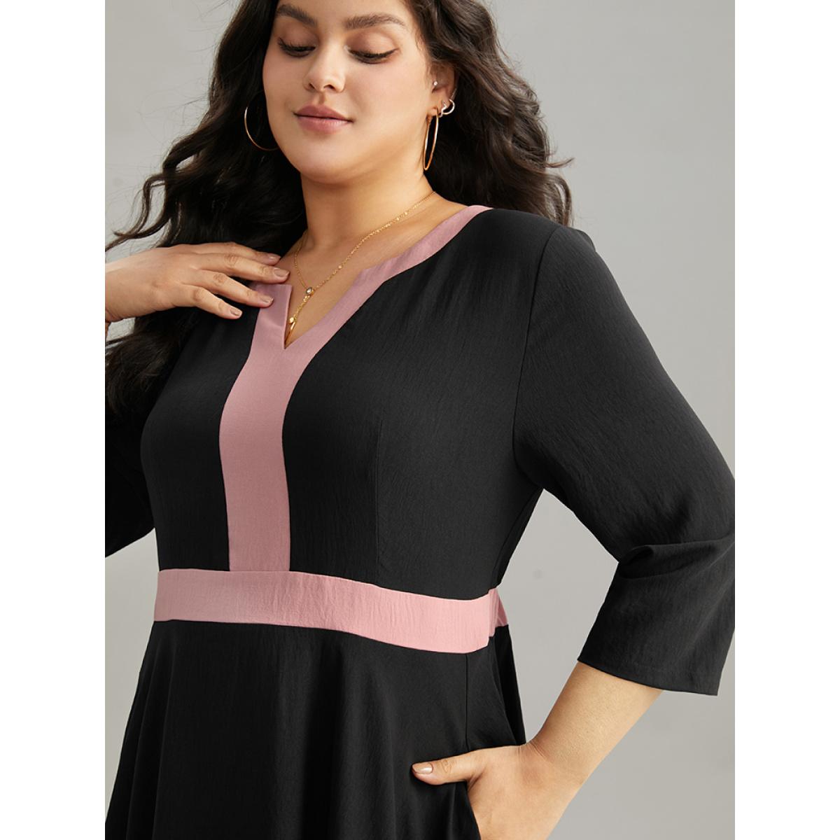 Plus Size Colorblock Contrast Notched Elastic Waist Dress Black Women Casual Contrast Notched collar Elbow-length sleeve Curvy Midi Dress BloomChic 10/M Product Image