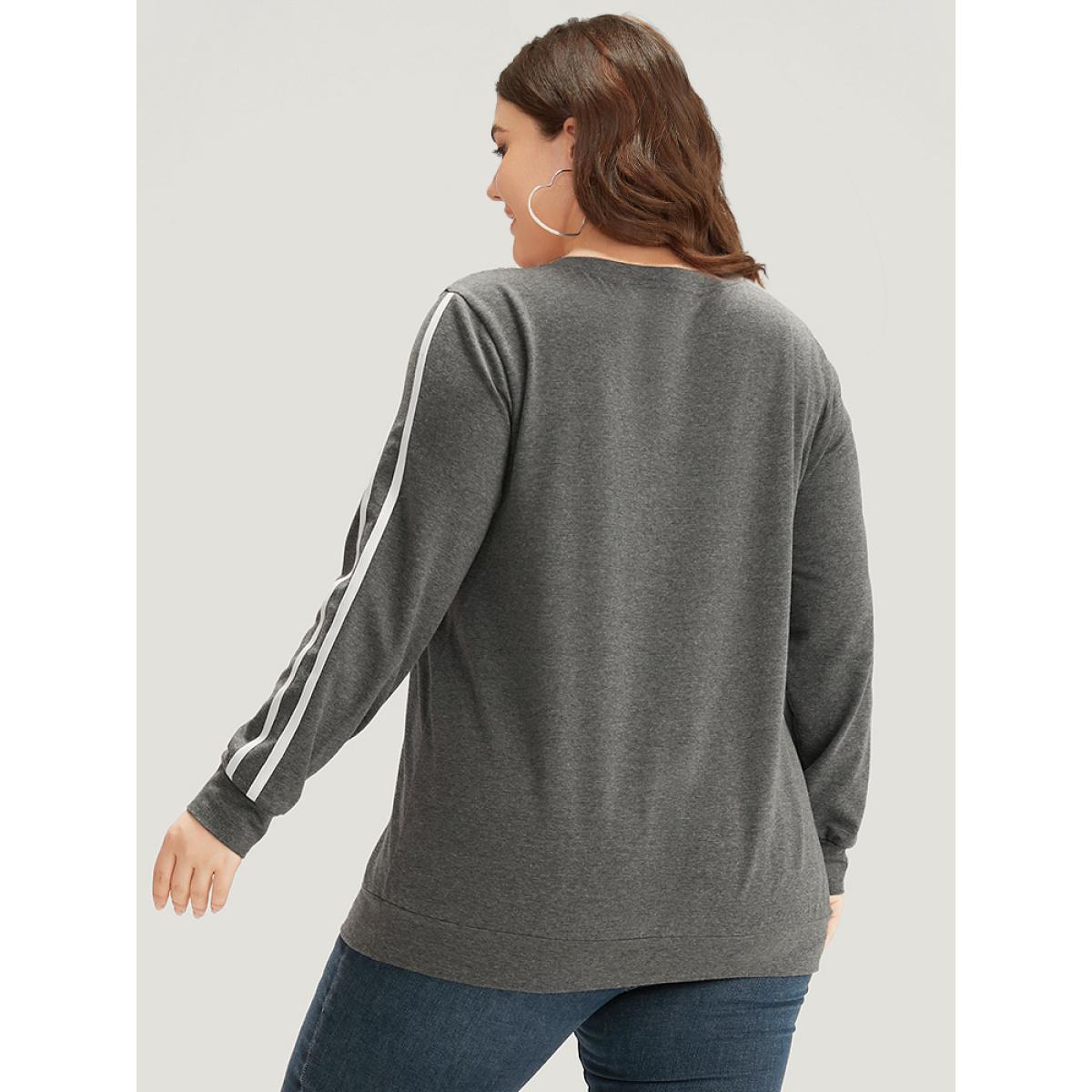 Plus Size Contrast Trim Crew Neck Sweatshirt Women Gray Casual Elastic cuffs Round Neck Everyday Sweatshirts BloomChic 22-24/3X Product Image
