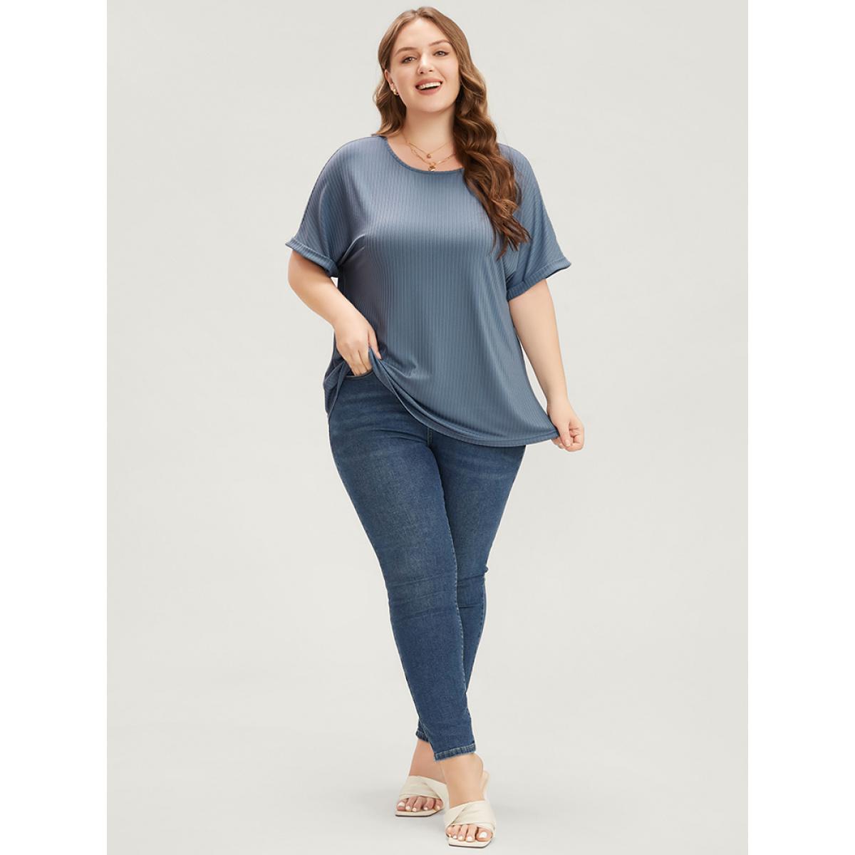 Plus Size Plain Round Neck Rib Knit Tee LightBlue Women Casual Plain Round Neck Dailywear T-shirts BloomChic 26/4X Product Image