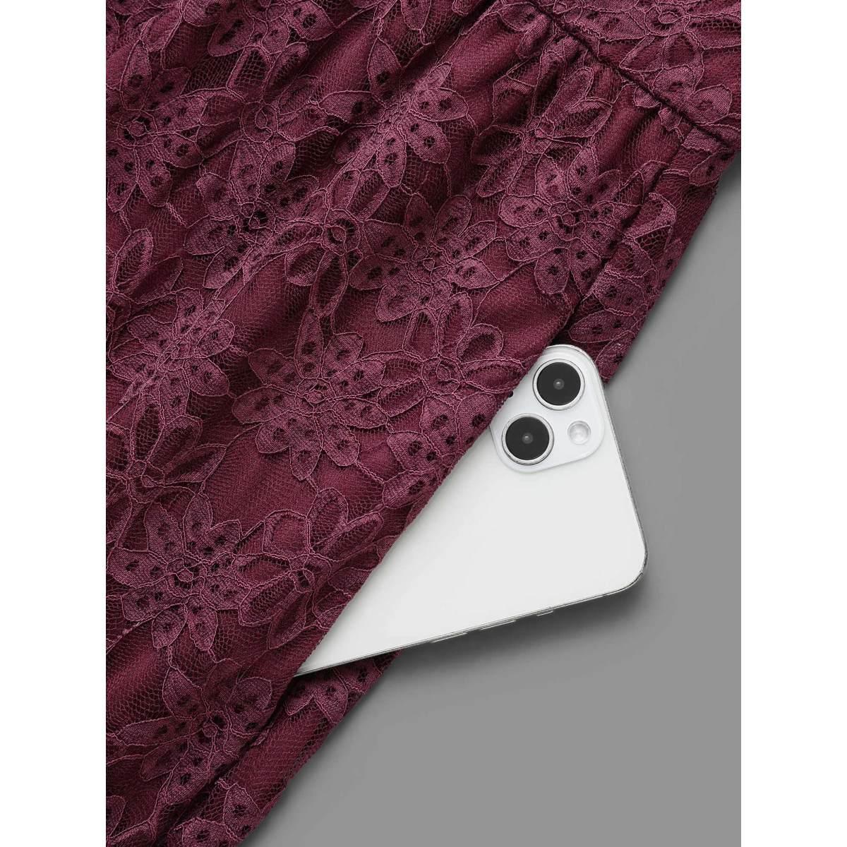 Plus Size Crochet Lace Mesh Pocket Knit Dress Deeppurplered Women Cocktail Woven ribbon&lace trim Knit Dresses Bloomchic 18-20/2X Product Image