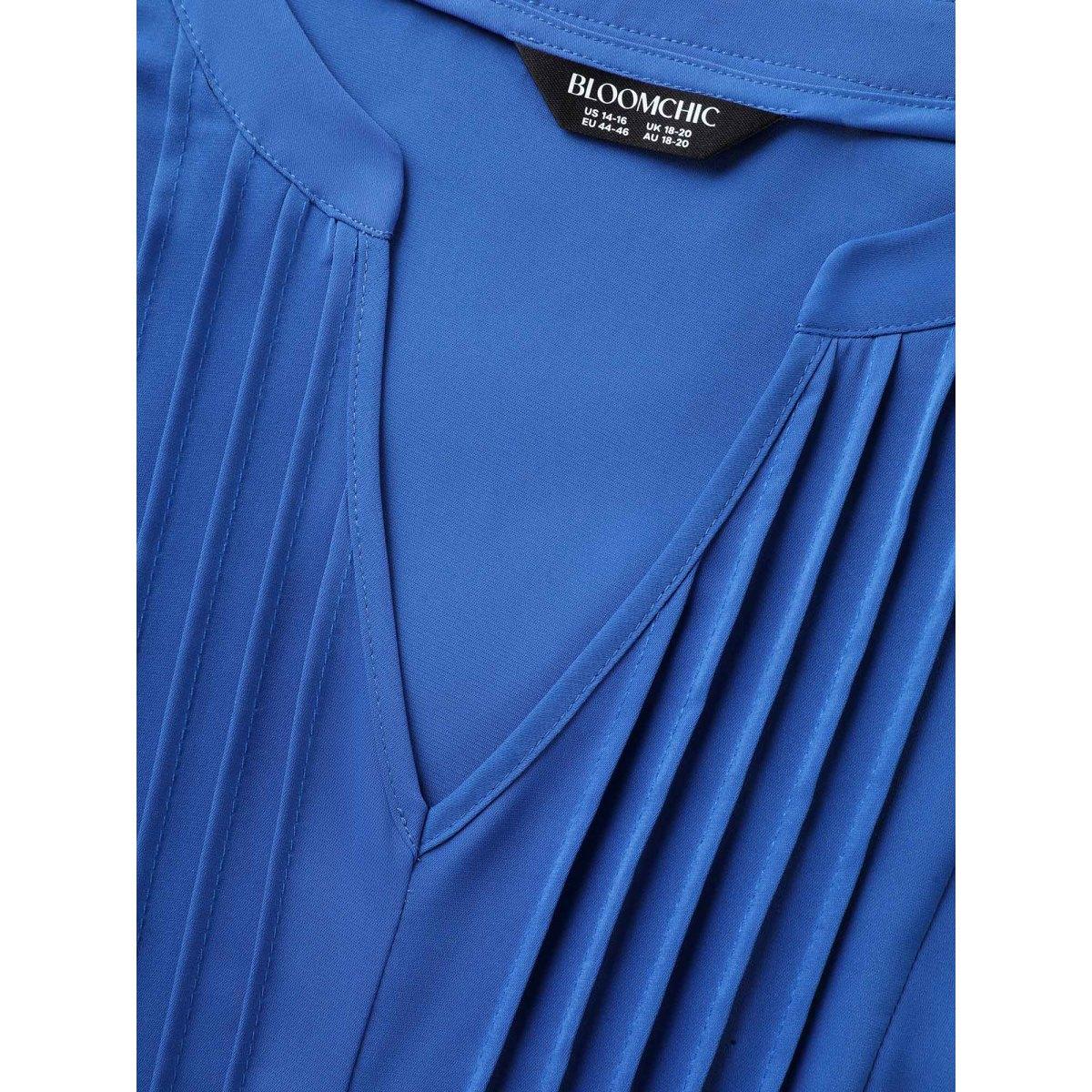 Plus Size DarkBlue Shirred Cuffs Pintuck Pleats Solid Blouse Women Short sleeve Flat collar with V-notch Work Blouses BloomChic 18-20/2X Product Image