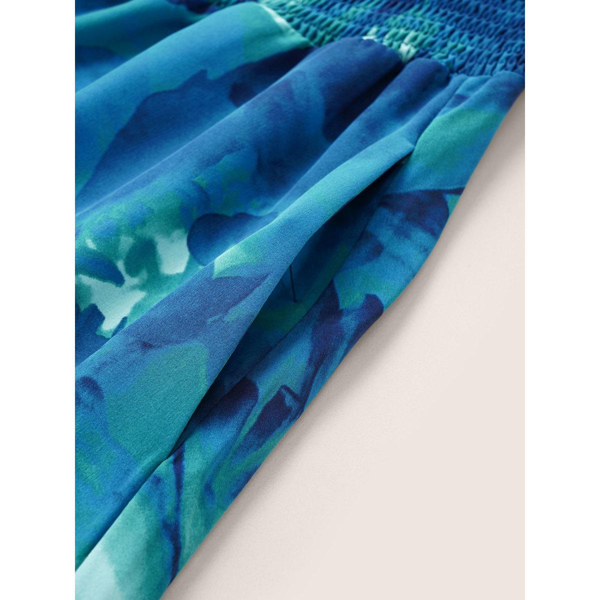 Plus Size Square Neck Floral Shirred Ruffle Sleeve Dress Blue Women Elegant Non Square Neck Short sleeve Curvy Midi Dress BloomChic 12/L Product Image