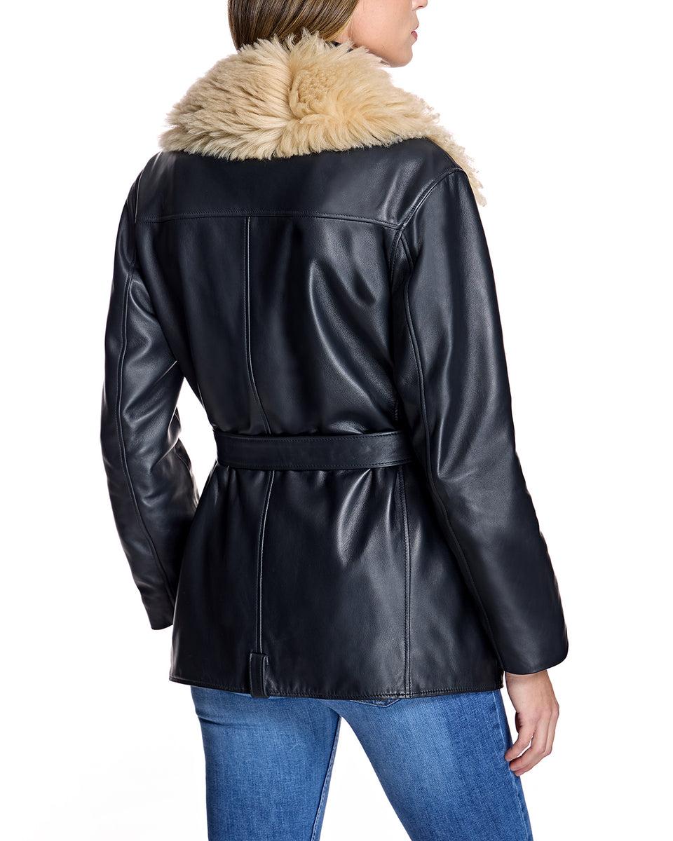 Leather Belted Moto Jacket with Detachable Lamb Collar-Maximilian Product Image