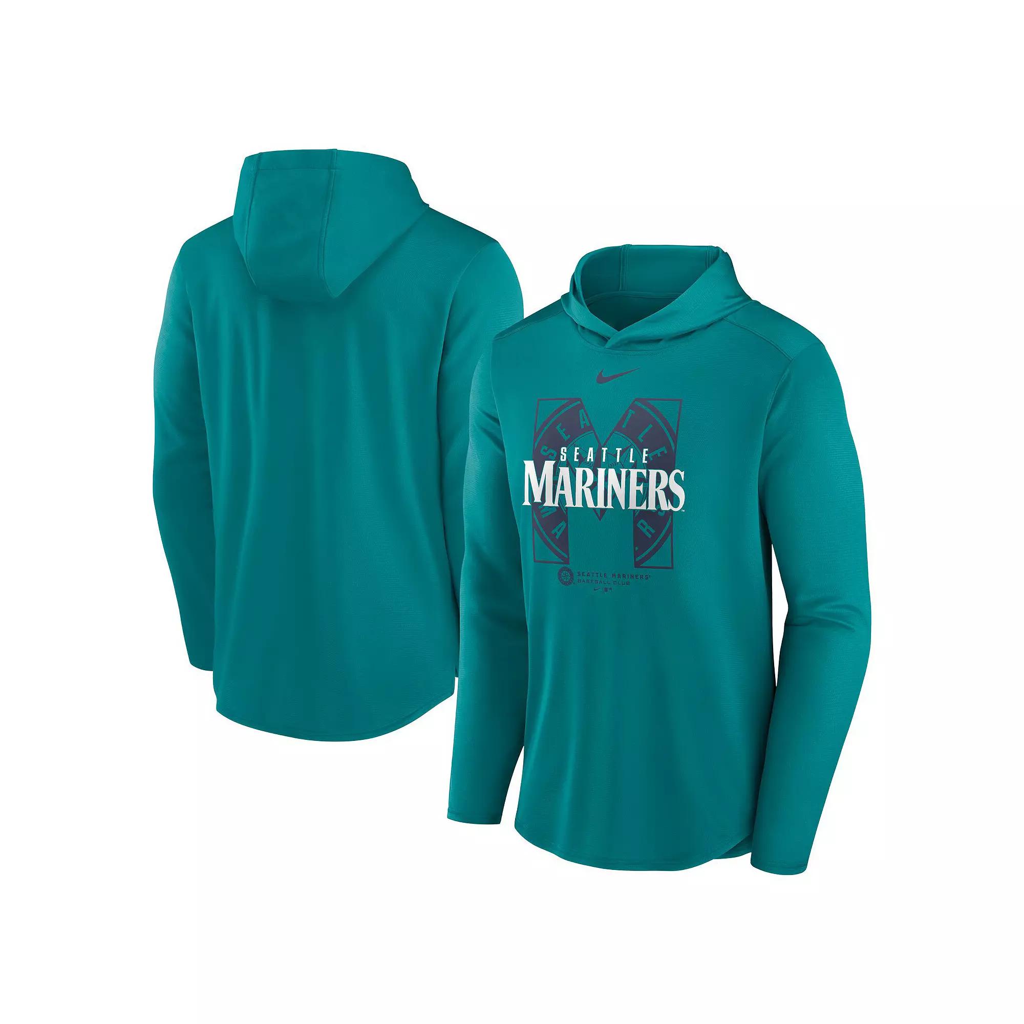 Men's Nike Aqua Seattle Mariners Team Letterman Performance Hooded Long Sleeve T-Shirt, Size: Medium, Turquoise A Product Image