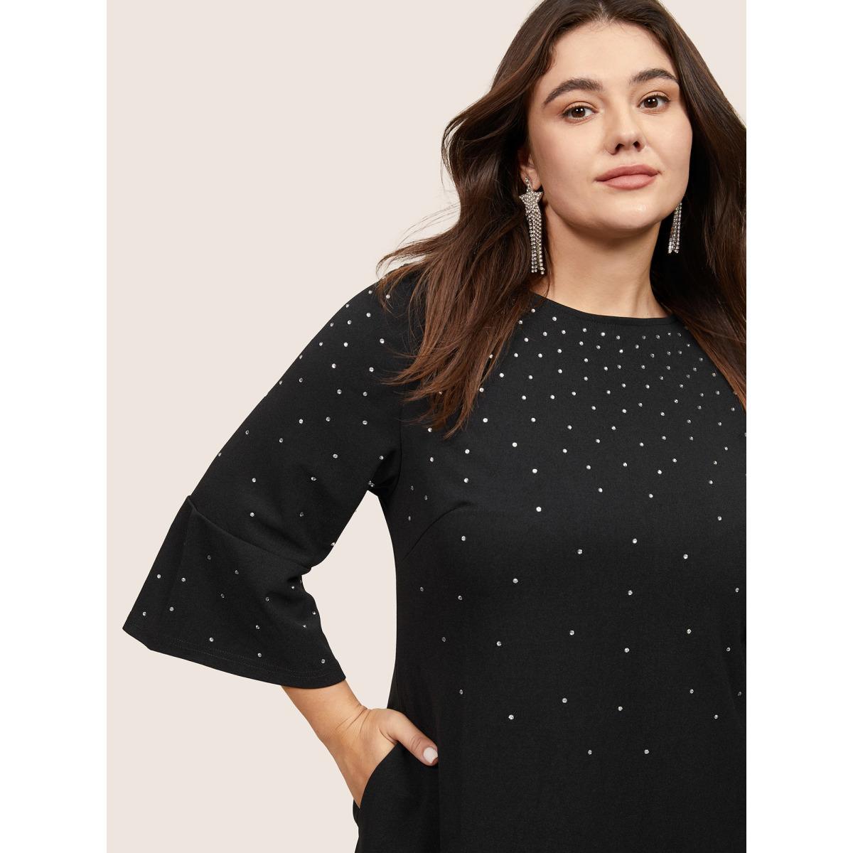 Plus Size Rhinestone Curved Hem Bell Sleeve Dress Black Women Cocktail Rhinestone detailing Round Neck Elbow-length sleeve Curvy Knee Dress BloomChic 28/5X Product Image