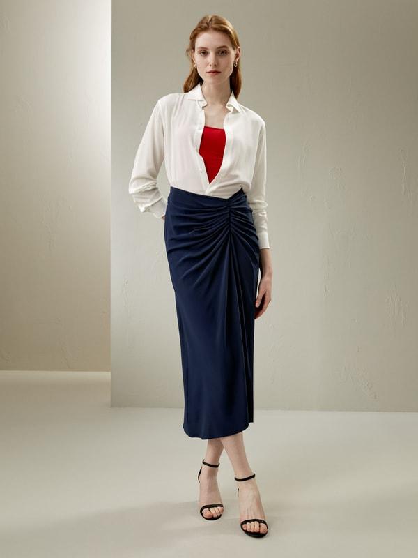 Tucked Drape Silk Midi Skirt Product Image