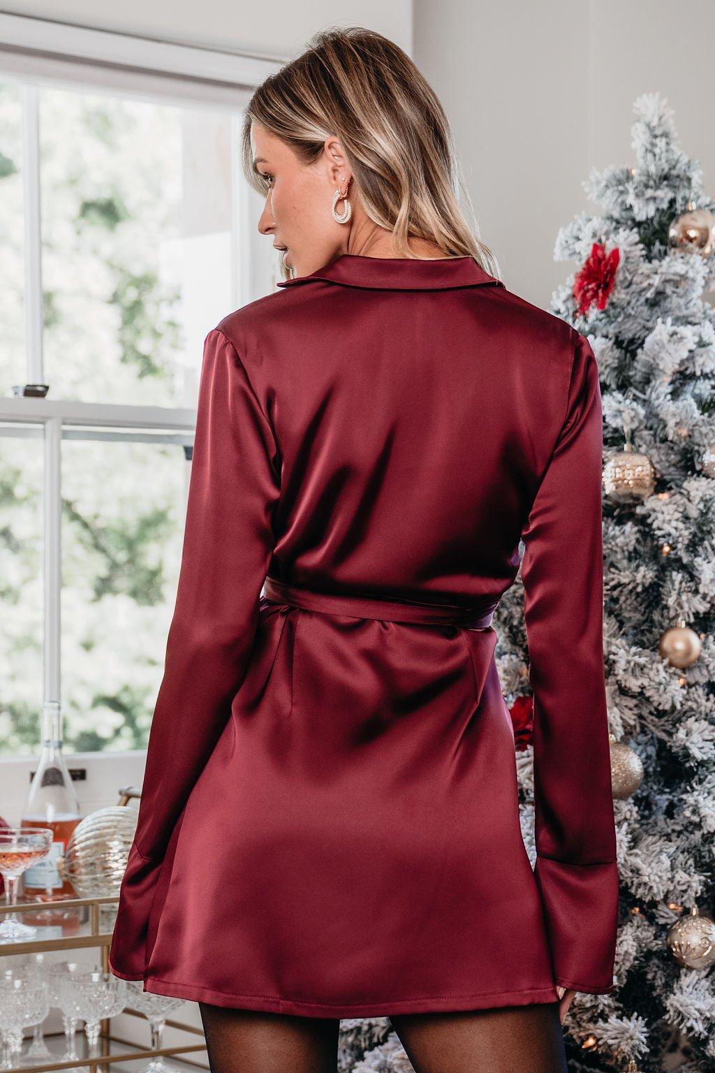 Burgundy Wrap Satin Mini Dress-FINAL SALE Product Image