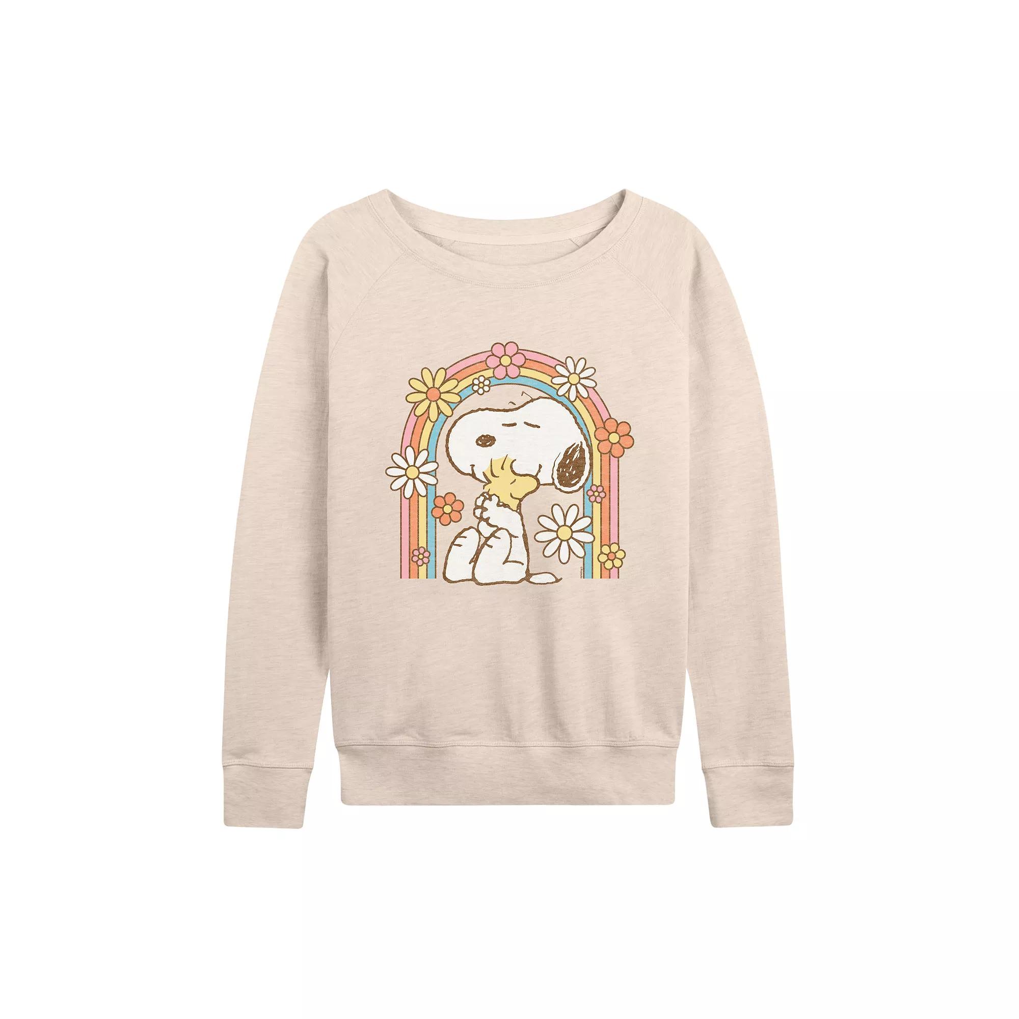 Women's Peanuts Snoopy and Woodstock Flower Rainbow French Terry Long Sleeve Tee, Girl's,  Product Image