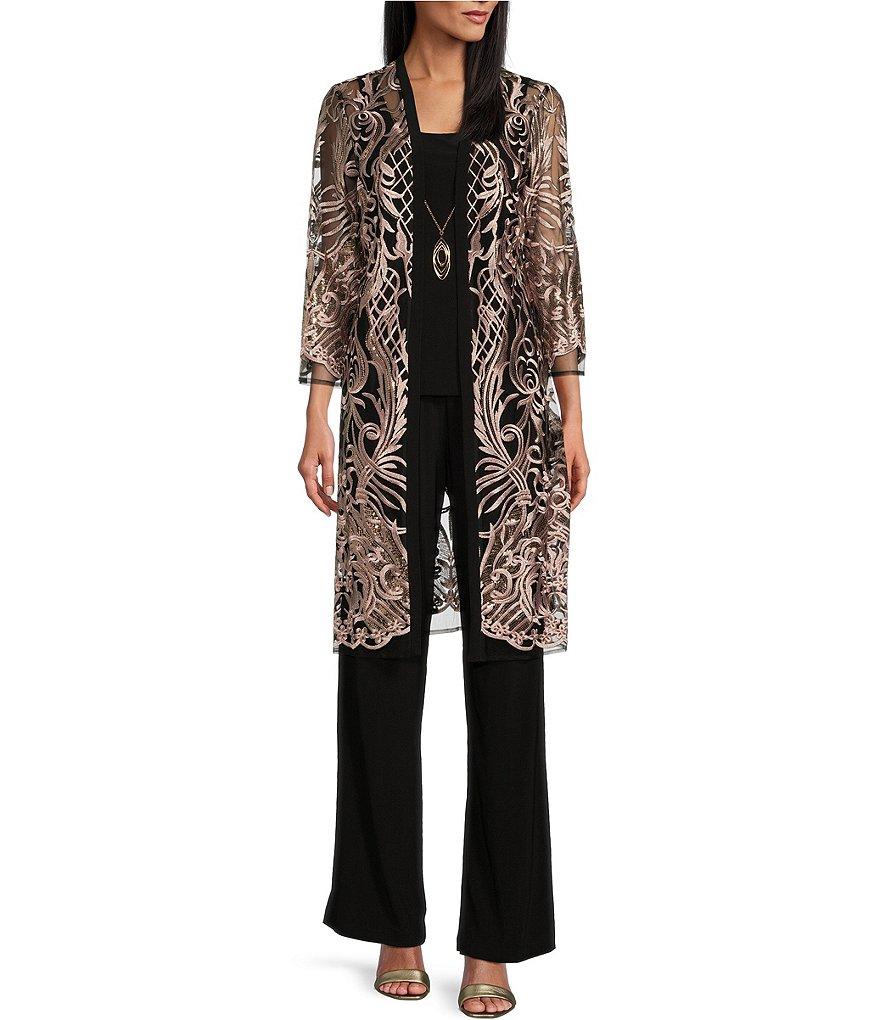 R & M Richards 3/4 Sleeve Round Neck Embellished Sequin Duster Jacket 3-Piece Pant Set Product Image