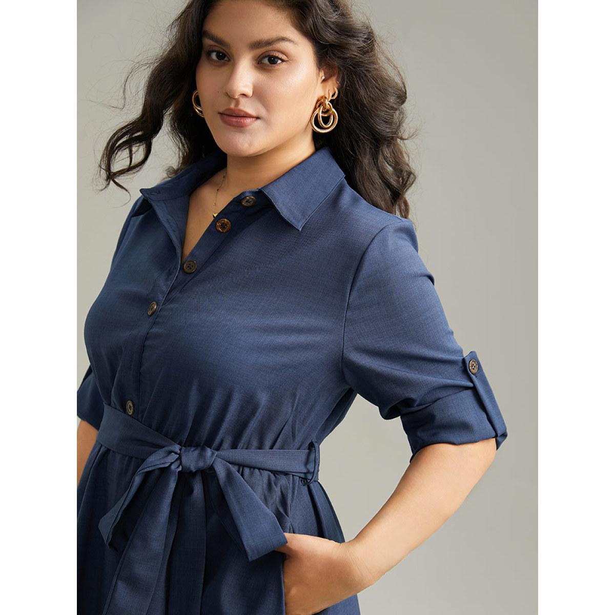 Plus Size Static-Free solid Belted Tab Sleeve Dress Indigo Women Office Plain Shirt collar Long Sleeve Curvy Midi Dress BloomChic 28/5X Product Image