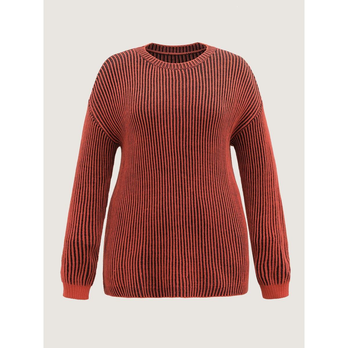 Plus Size Stripe Textured Round Neck Pullover Yellowishbrown Women Leisure Loose Long Sleeve Round Neck Casual Pullovers BloomChic 12/L Product Image