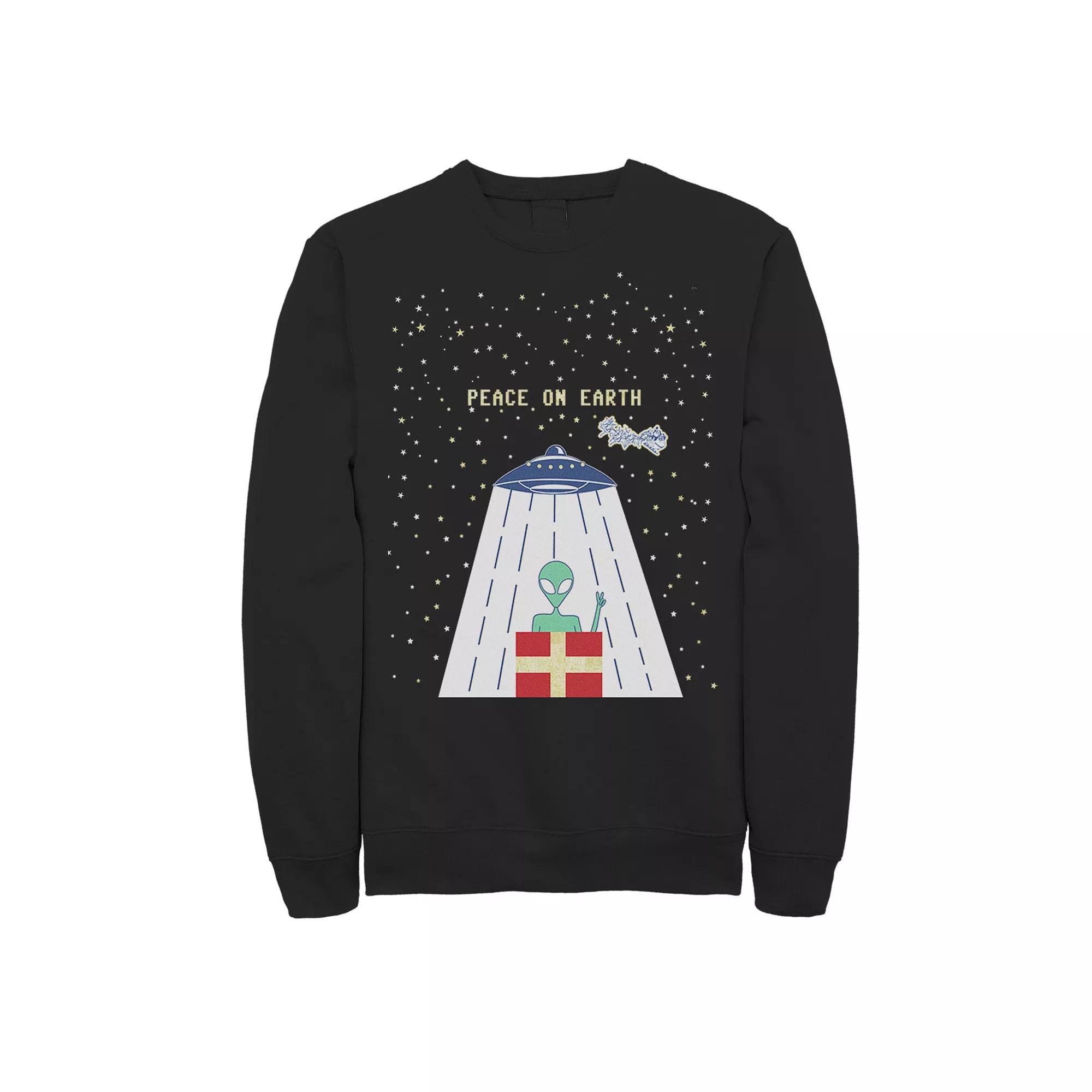 Men's Peace On Earth UFO Knit Style Graphic Fleece Pullover, Size: Large, Black Product Image