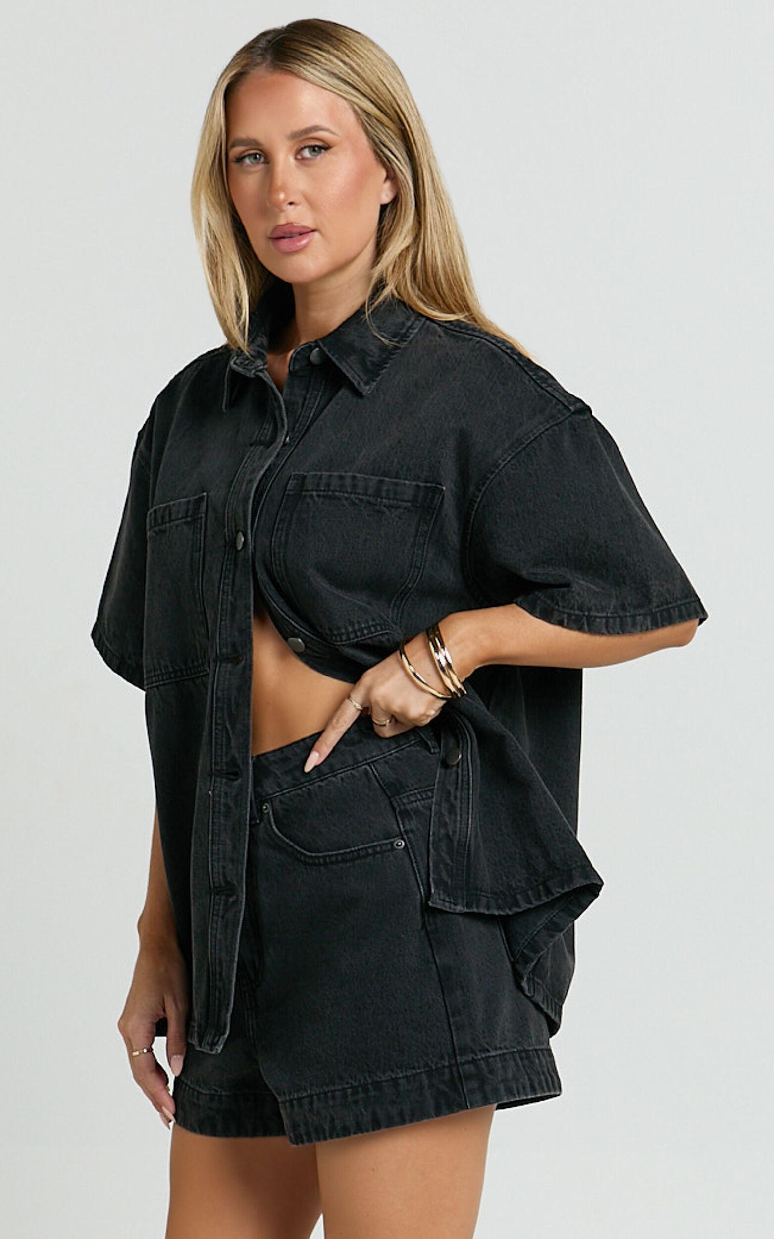 Rhianna Shorts - Mid Waist Recycled Denim Shorts in Washed Black Product Image