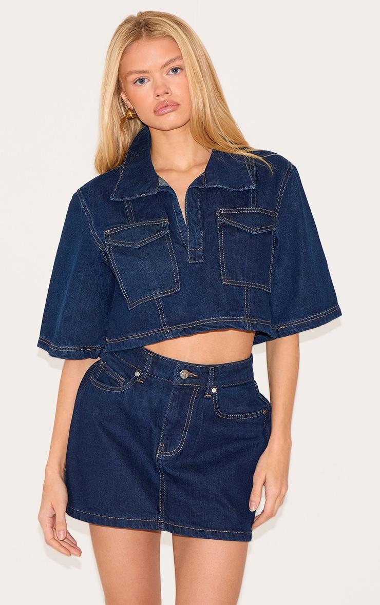 Indigo Contrast Stitch Denim Mini Skirt Product Image
