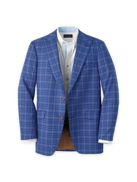 Wool Plaid Single Breasted Peak Lapel Sport Coat - Blue Product Image