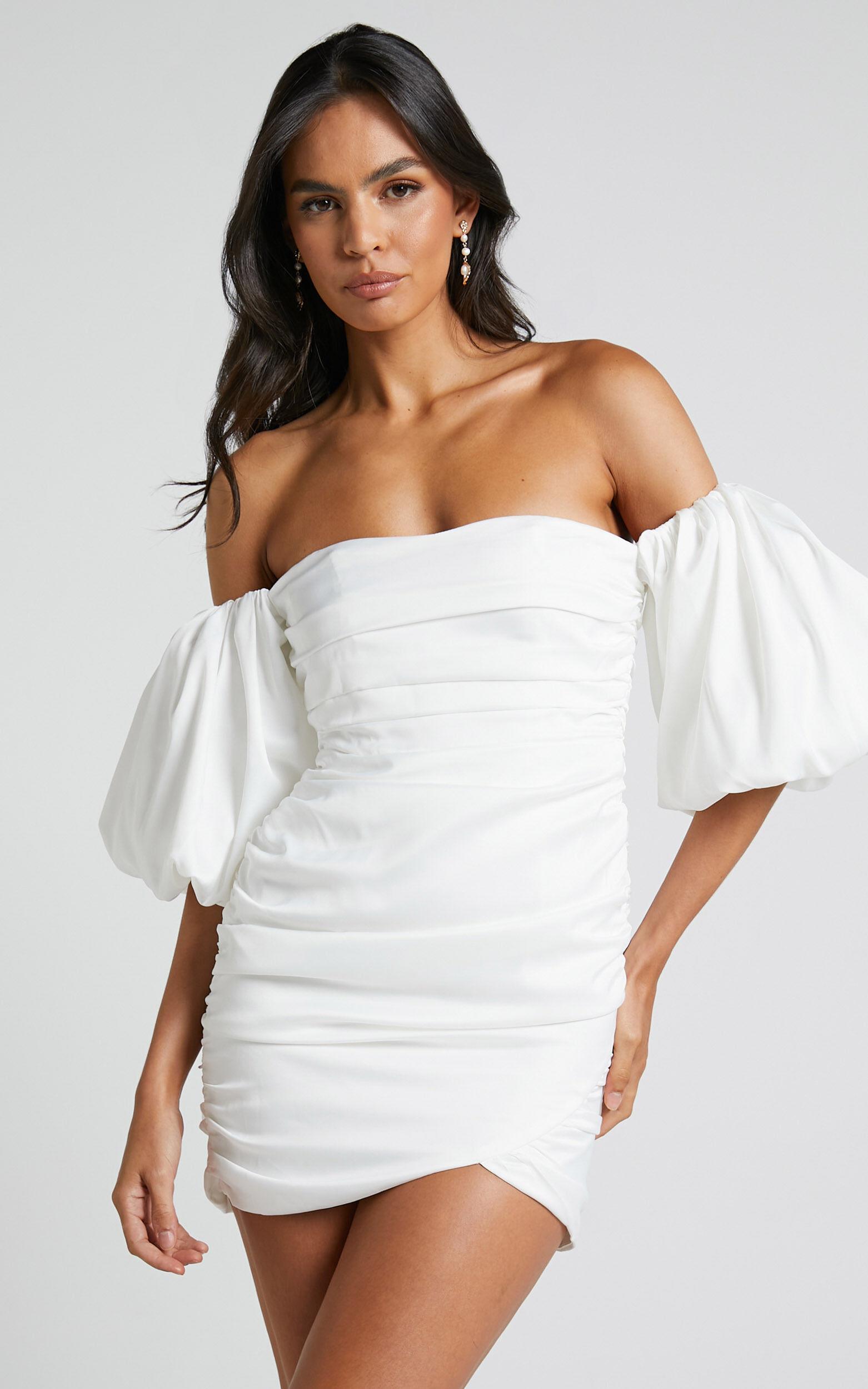 Betty Mini Dress - Off Shoulder Puff Sleeve Gathered Dress in White Product Image