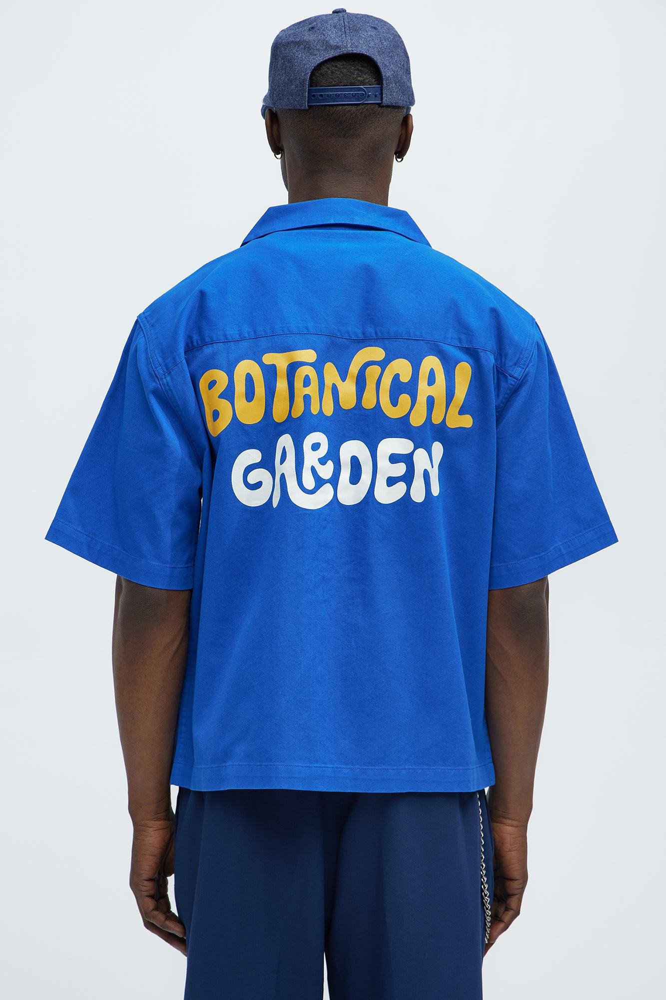 Botanical Garden Cropped Short Sleeve Button Up Shirts - Blue Product Image