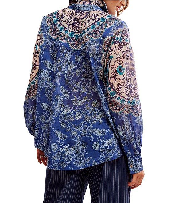 Free People Rose Bud Paisley Print Point Collar Neck Long Sleeve Button Front Blouse Product Image