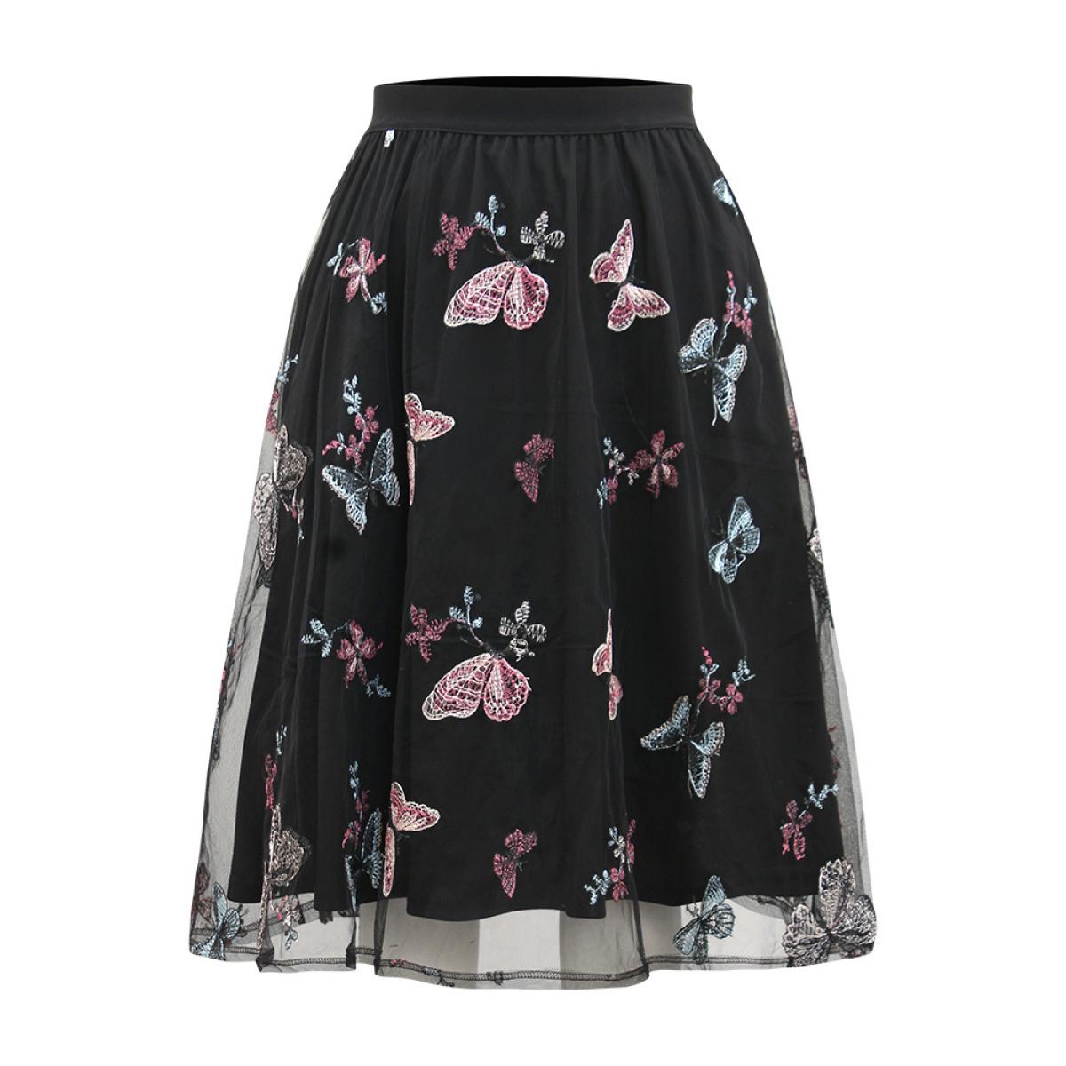Plus Size Butterfly Embroidered Mesh Elastic Waist Skirt Women Black Party Lace No stretch Pocket Going out Skirts BloomChic 14-16/1X Product Image