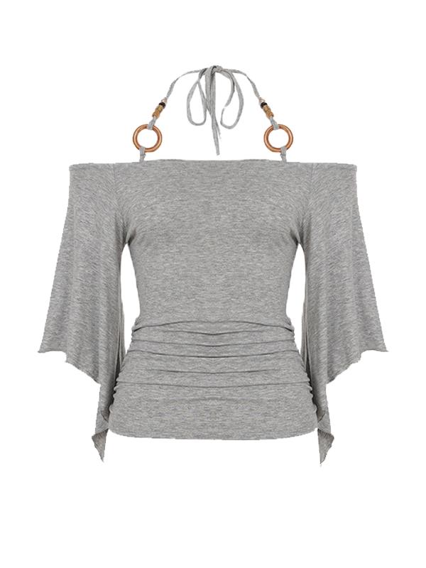 Wooden Bead Necklace Tie-Front Short Sleeve Product Image