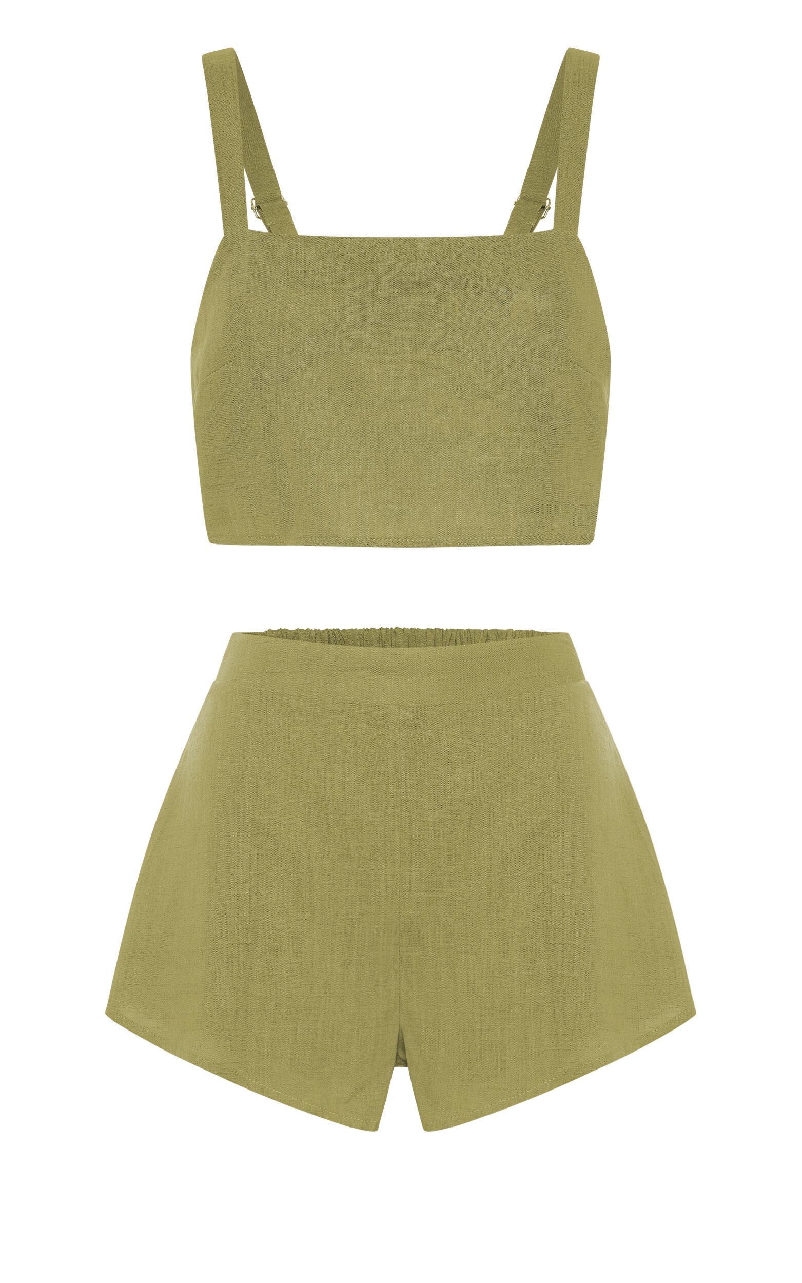 Zanrie Two Piece Set - Linen Square Neck Crop Top and High Waist Mini Flare Shorts Set in Celery Product Image
