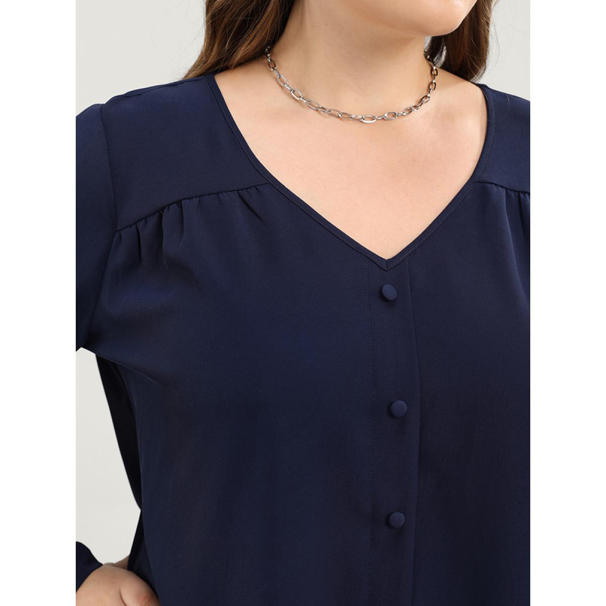 Plus Size Indigo Solid Button Detail Gathered V Neck Blouse Women Elegant Long Sleeve V-neck Dailywear Blouses BloomChic 12/L Product Image