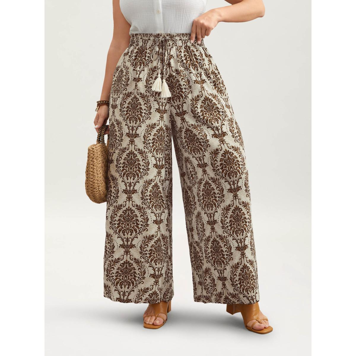 Plus Size Damask Print Tassel Straight-Leg Pants Women DarkBlue Boho Wide Leg Mid Rise Vacation Pants BloomChic 30/6X Product Image