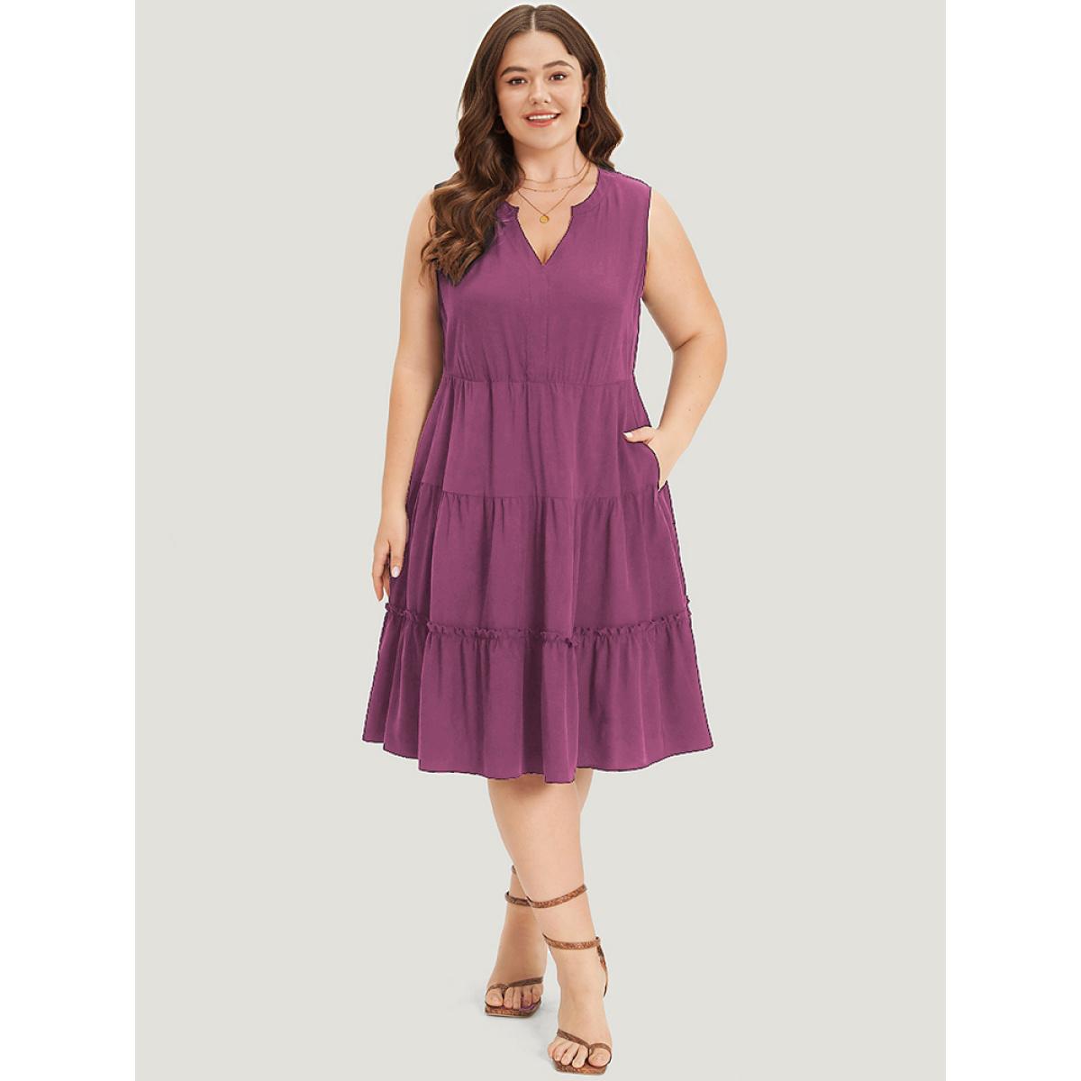Plus Size Supersoft Essentials Notched Ruffle Layered Hem Sleeveless Dress RedViolet Women Elegant Gathered V-neck Sleeveless Curvy Midi Dress BloomChic 26/4X Product Image
