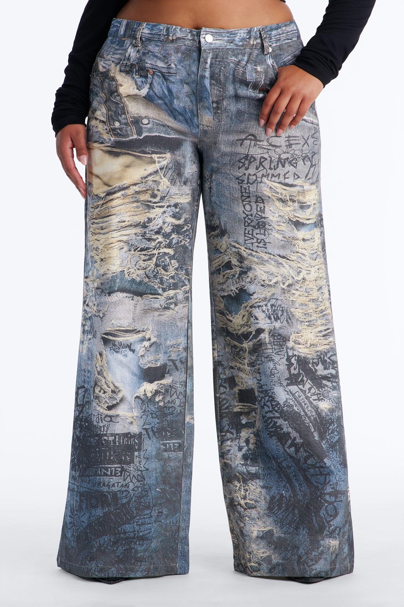 Rebel Rules Low Rise Distressed Denim Print Pant 33″ - Blue/combo Female Product Image