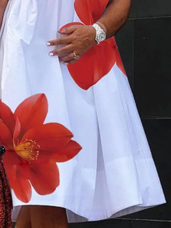 A-Line Loose Flower Print Pleated V-Neck Midi Dresses Product Image