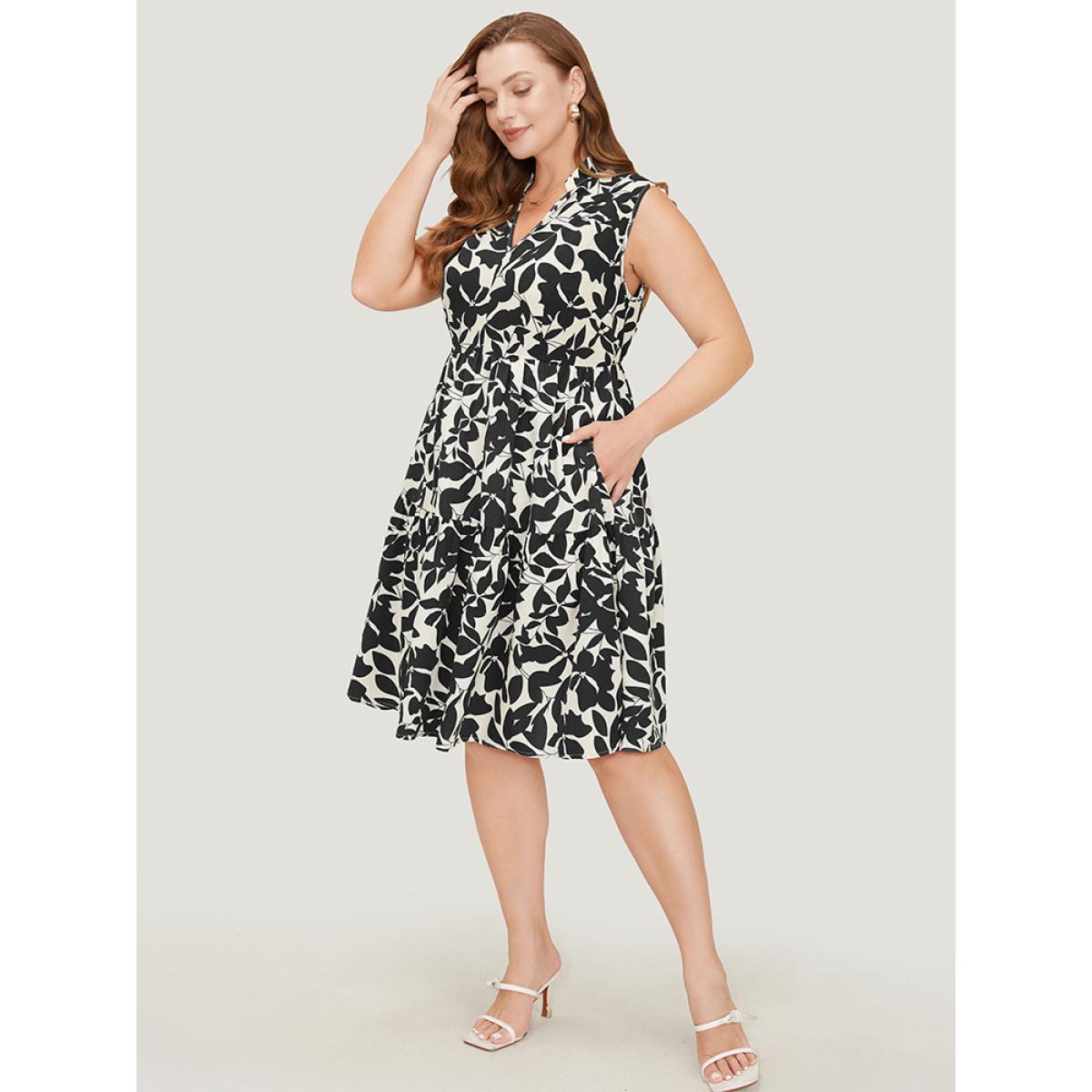 Plus Size Floral Ptrint Pocket Ruffle Tiered Stand Collar Tank Dress Black Women Elegant Tiered Stand-up collar Sleeveless Curvy Knee Dress BloomChic 28/5X Product Image