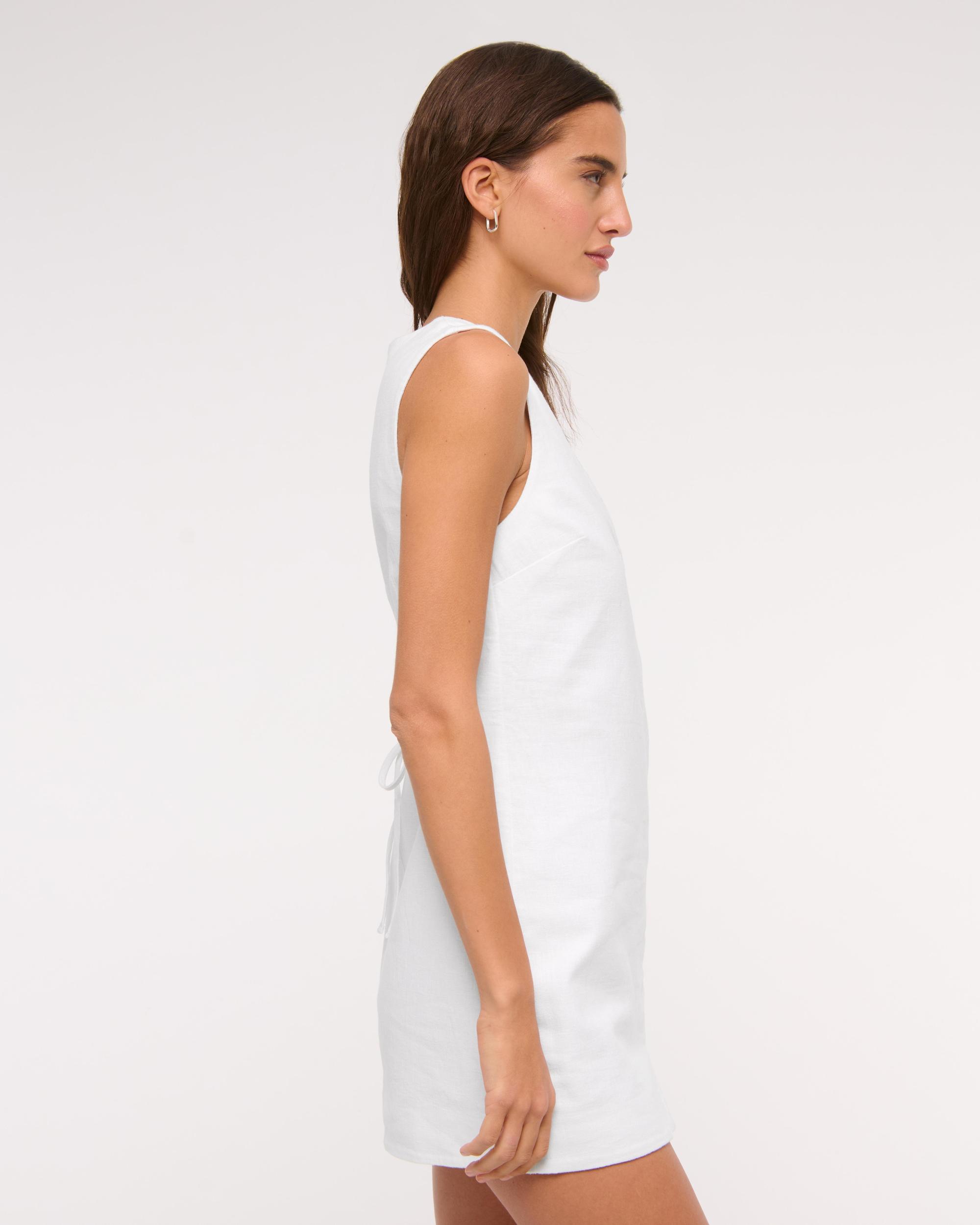 Linen-Blend V-Neck Button Mini Dress Product Image