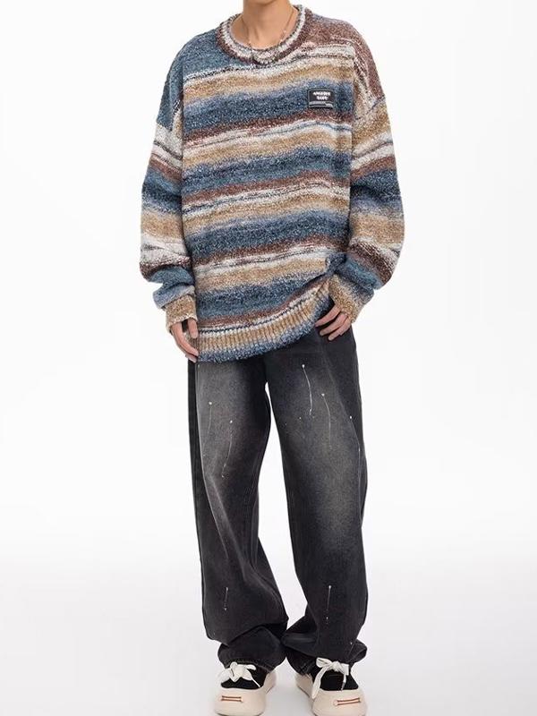 Men's Contrast Color Stripe Pullover Knit Sweater Product Image